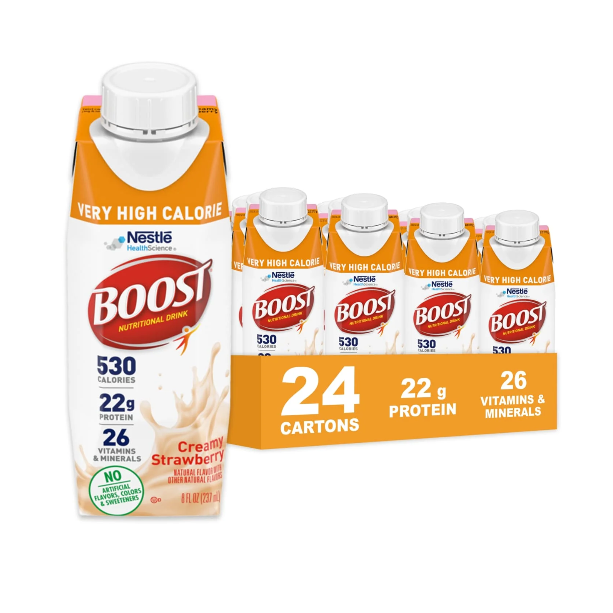 BOOST, Very High Calorie Nutritional Drink, Supports Weight Gain & Maintenance, Creamy Strawberry, 8 fl oz, 24 Pack