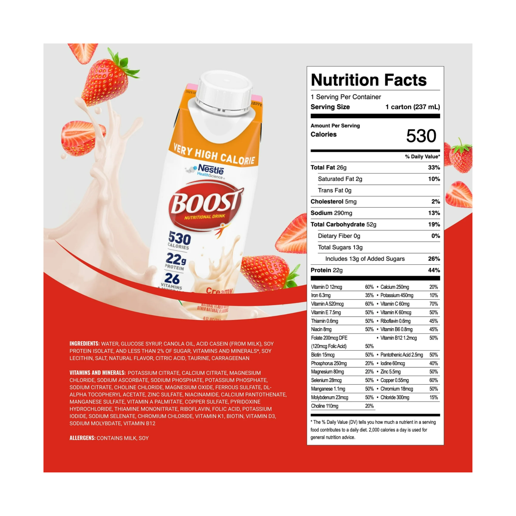 BOOST, Very High Calorie Nutritional Drink, Supports Weight Gain & Maintenance, Creamy Strawberry, 8 fl oz, 24 Pack