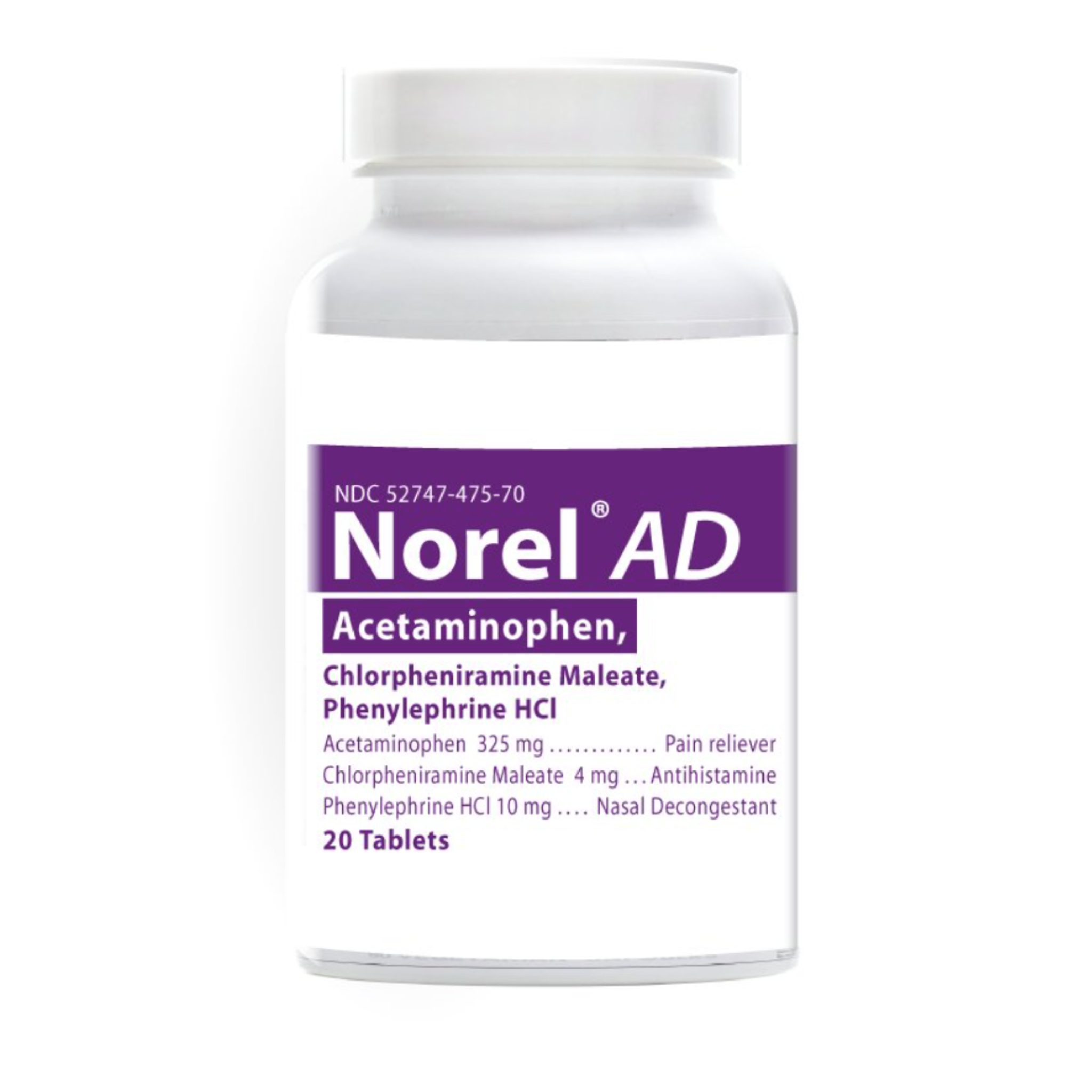 Norel AD 325 mg, 5 mg Strength Tablet Cold and Sinus Relief,  20 Ct.