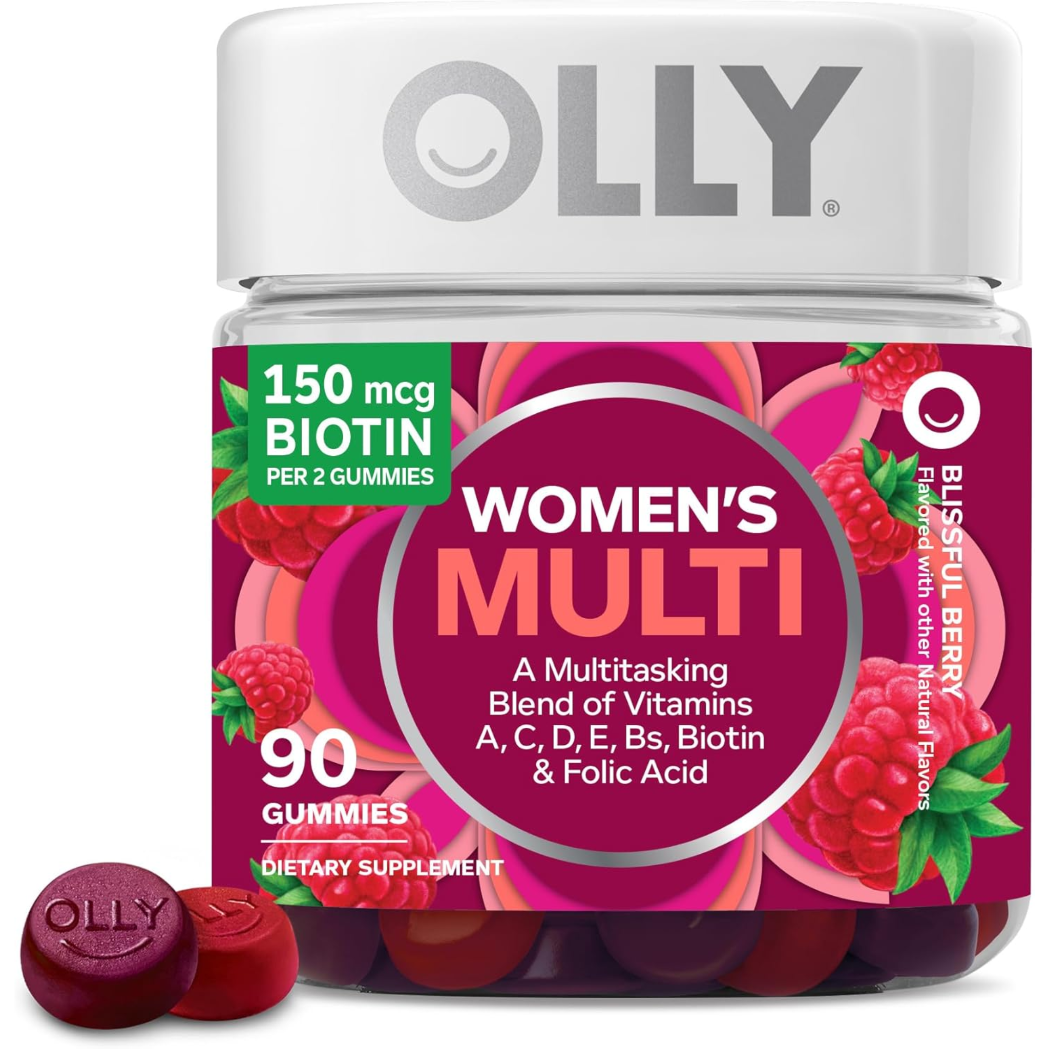 OLLY, Women's Multivitamin Gummies, Vitamin A, D, C, E, Biotin, Folic Acid for Immune and Skin Health, Berry Flavor, 90 Count (Pack of 3)