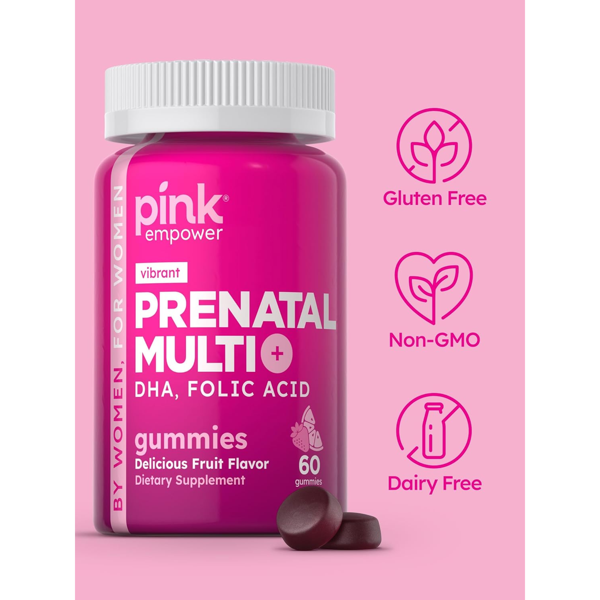PINK, Prenatal Vitamins with DHA and Folic Acid, Non-GMO & Gluten-Free Multivitamin for Expecting Mothers, Fruit Flavor, 60 Gummies