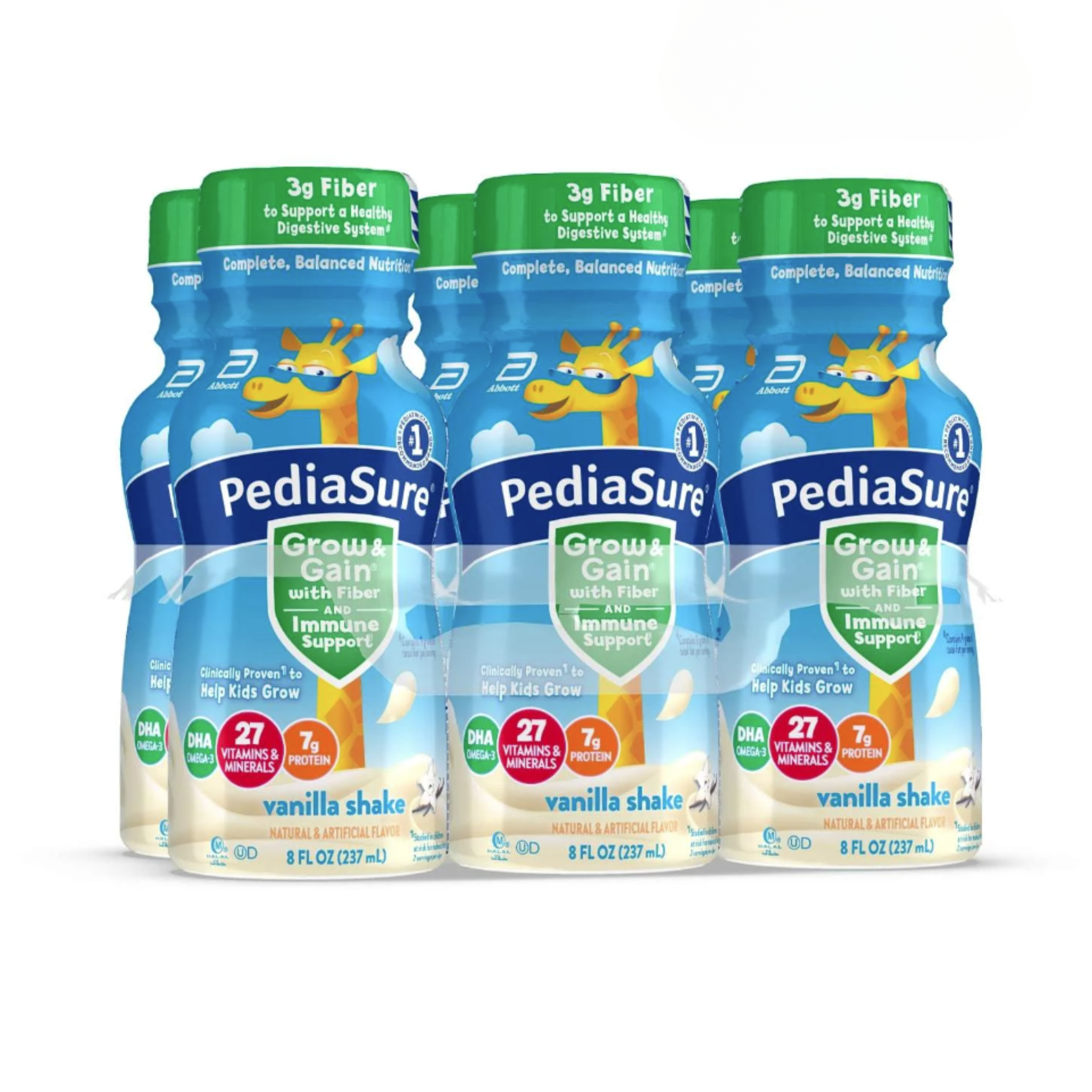PediaSure Grow & Gain With Fiber & Immune Support, Vanilla, 8-fl-oz Bottle, 6 shakes (Pack of 4)