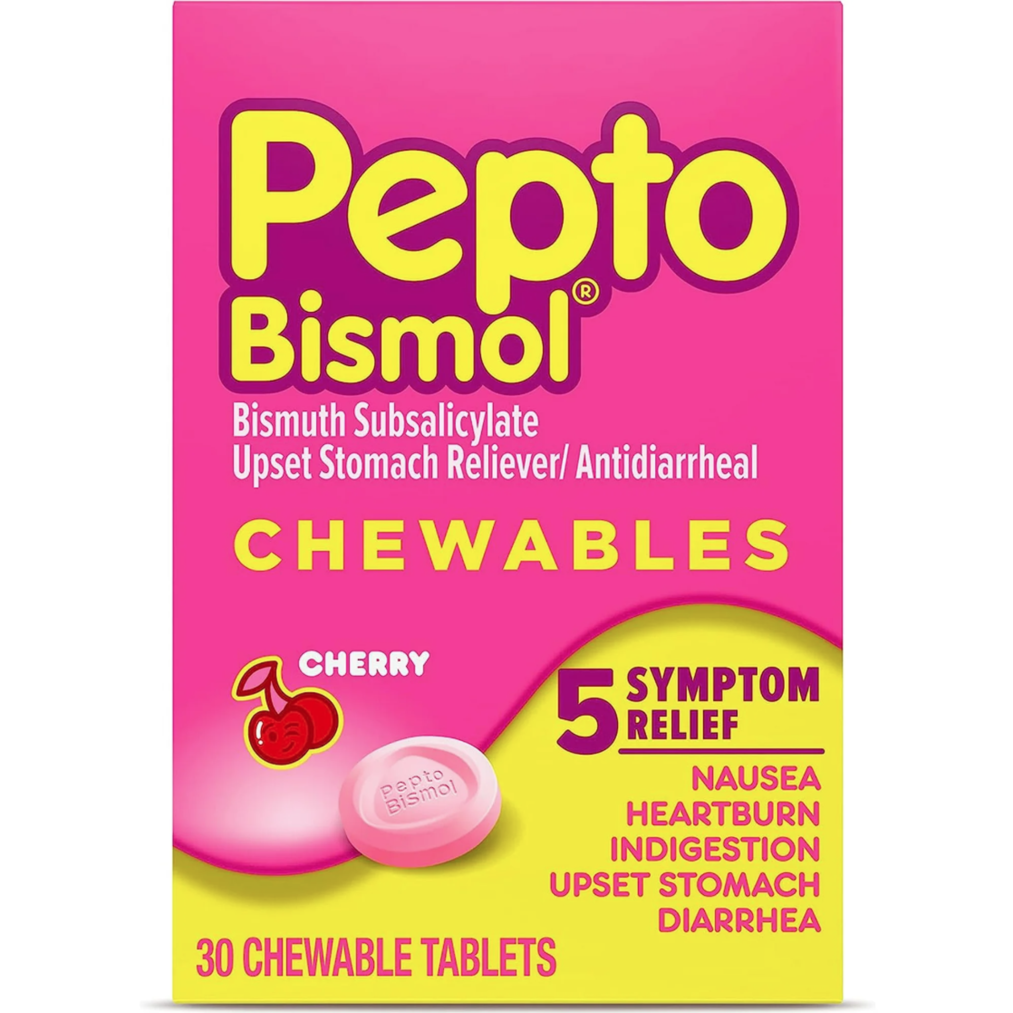 Pepto Bismol Chewables, Upset Stomach Relief, Bismuth Subsalicylate, Multi-Sympton Relief of Gas, Nausea, Heartburn, Indigestion, Diarrhea, Cherry Flavor, 30 Tablets