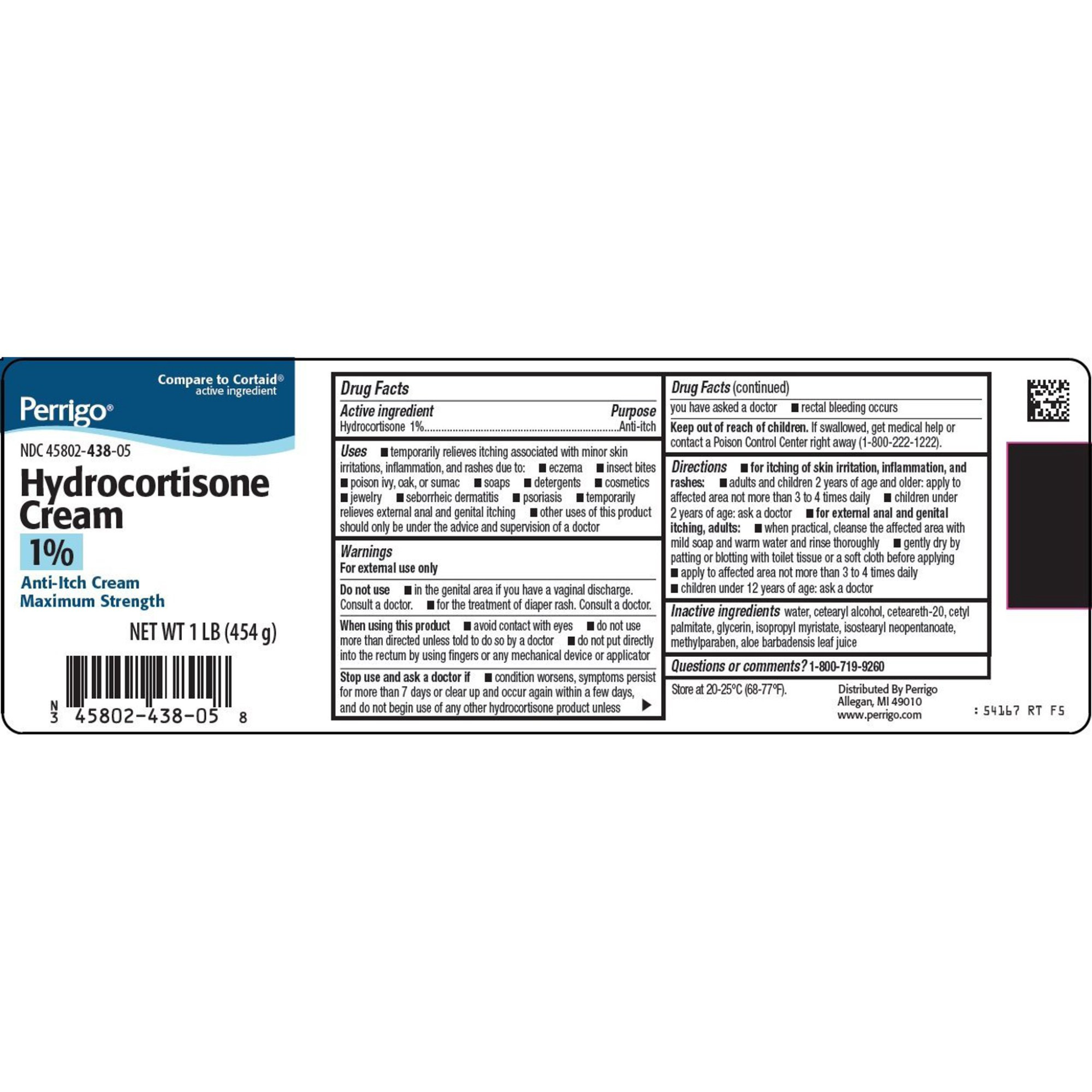 Perrigo, Hydrocortisone Cream 1%, Maximum Strength Anti-Itch Relief for Skin, 1 lb