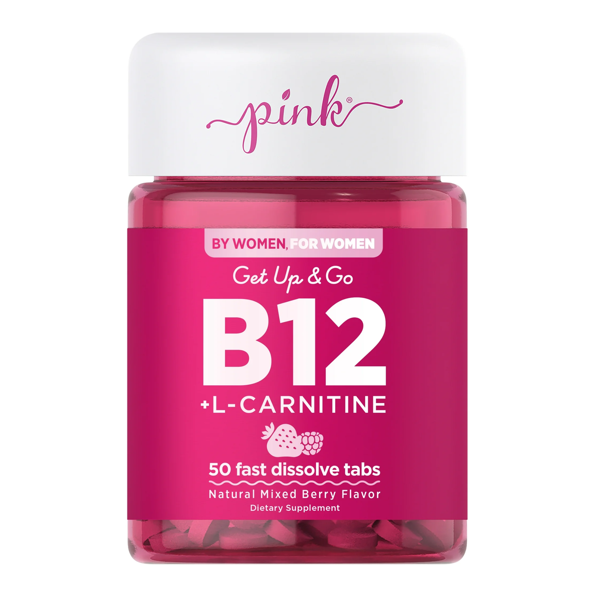 PINK, B12 Vitamins 5000 mcg, Fast Dissolve Tablets with L-Carnitine, Vegan Berry Flavor Energy Support, 50 Count