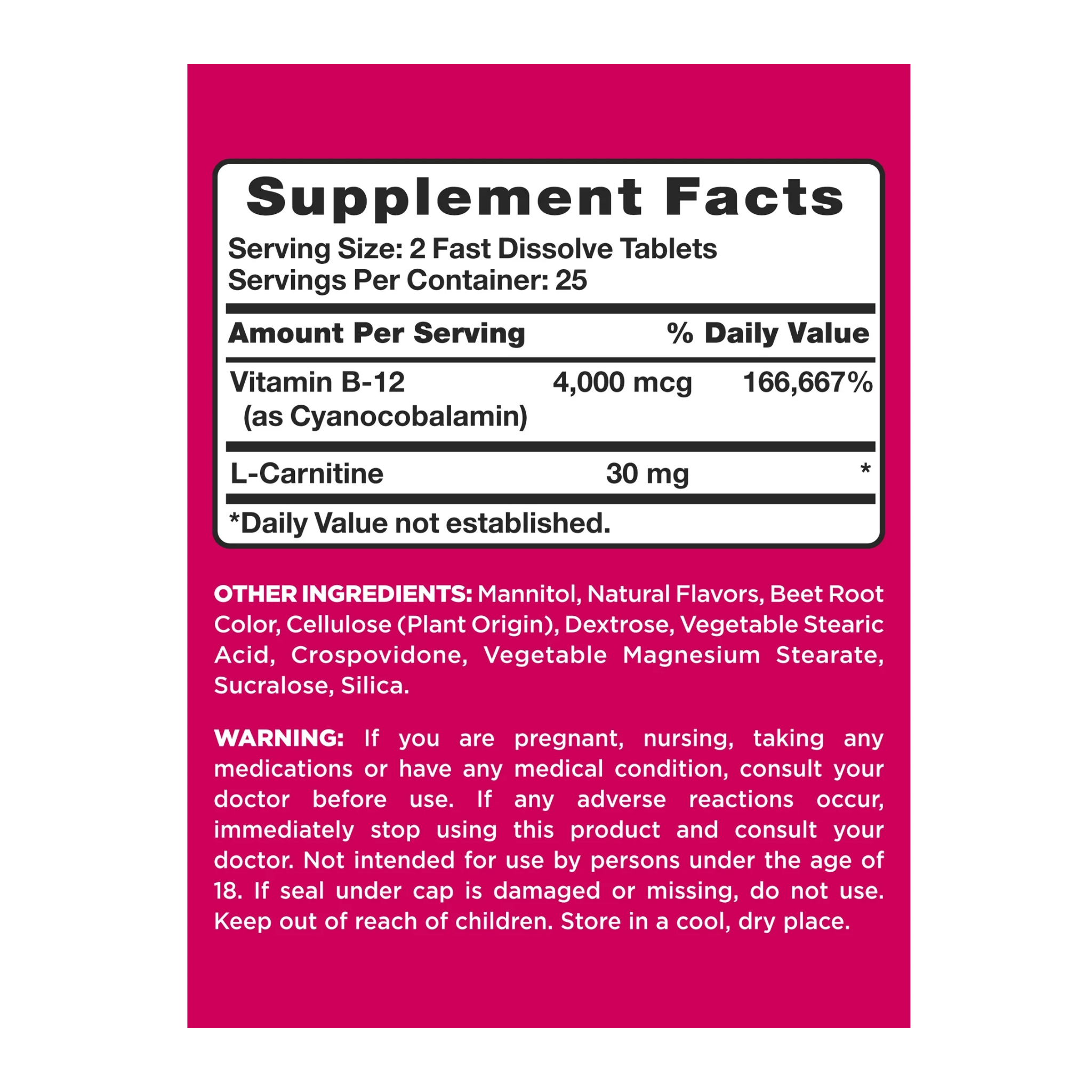 PINK, B12 Vitamins 5000 mcg, Fast Dissolve Tablets with L-Carnitine, Vegan Berry Flavor Energy Support, 50 Count - Pharmaful