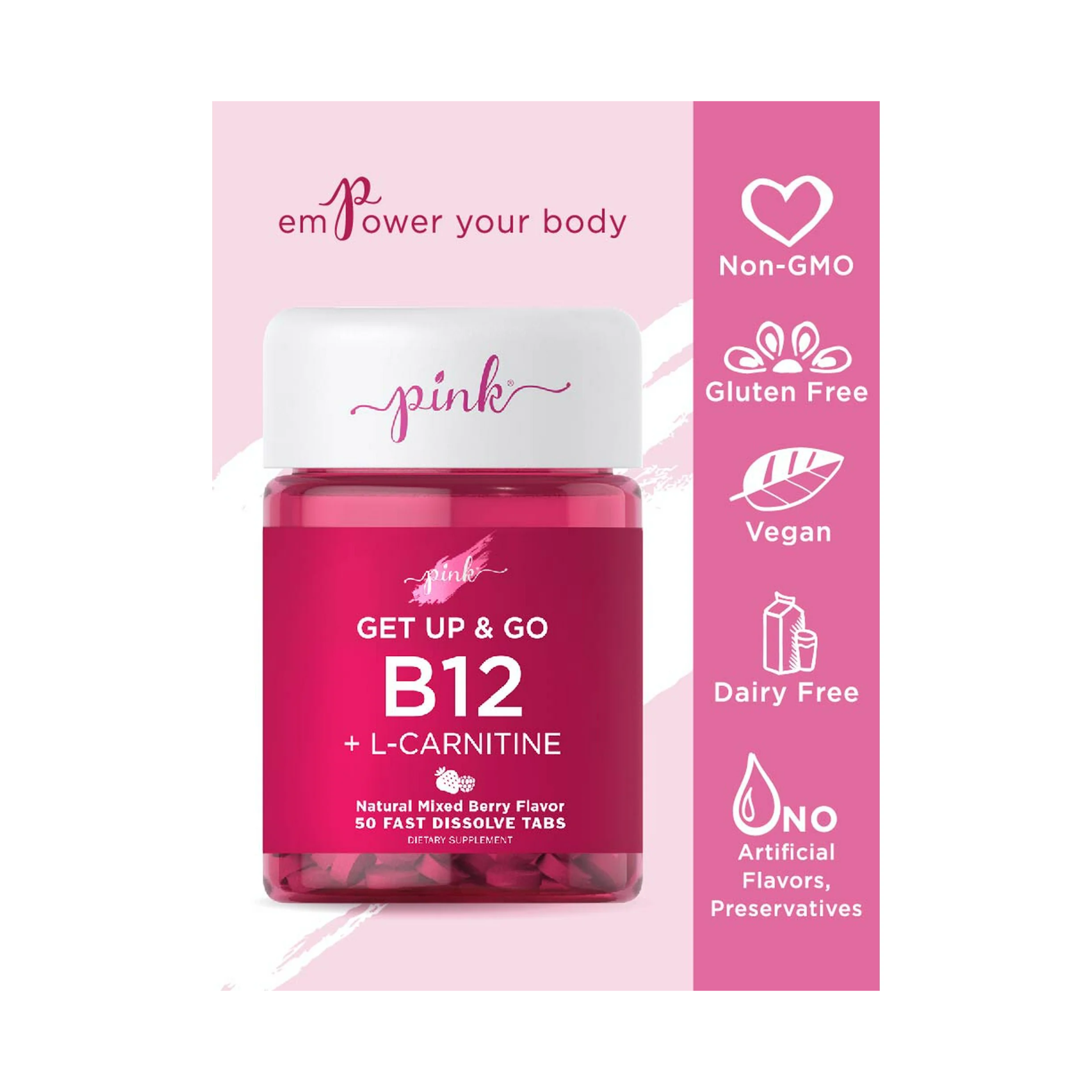 PINK, B12 Vitamins 5000 mcg, Fast Dissolve Tablets with L-Carnitine, Vegan Berry Flavor Energy Support, 50 Count - Pharmaful