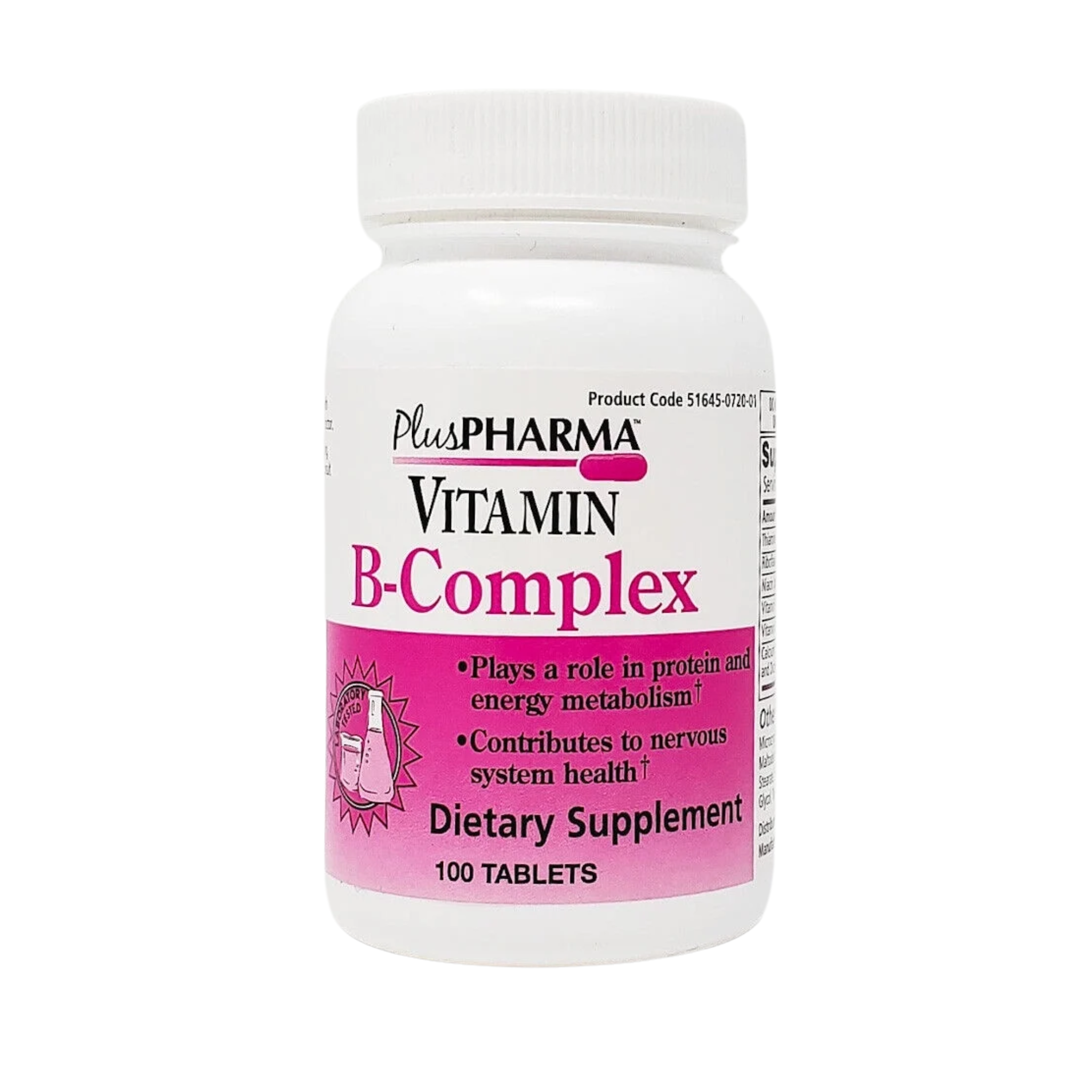 PlusPharma, Vitamin B Complex Tablets, Supports Energy and Metabolism, 100 Tablets Bottle