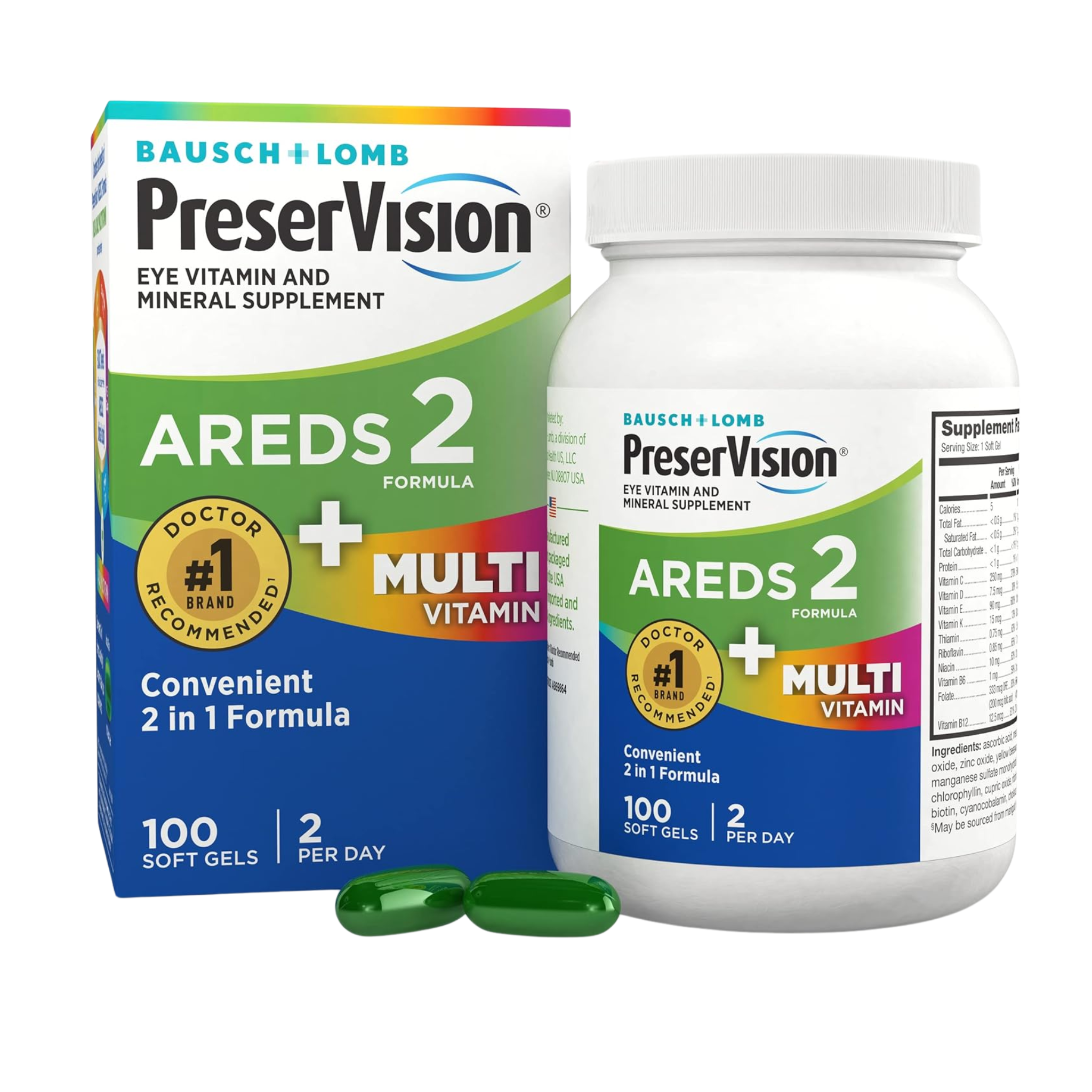 Bausch + Lomb, PreserVision AREDS 2 + Multivitamin, 2-in-1 Eye Vitamin & Mineral Supplement, Vitamin C, E & Zinc, 100 Softgels