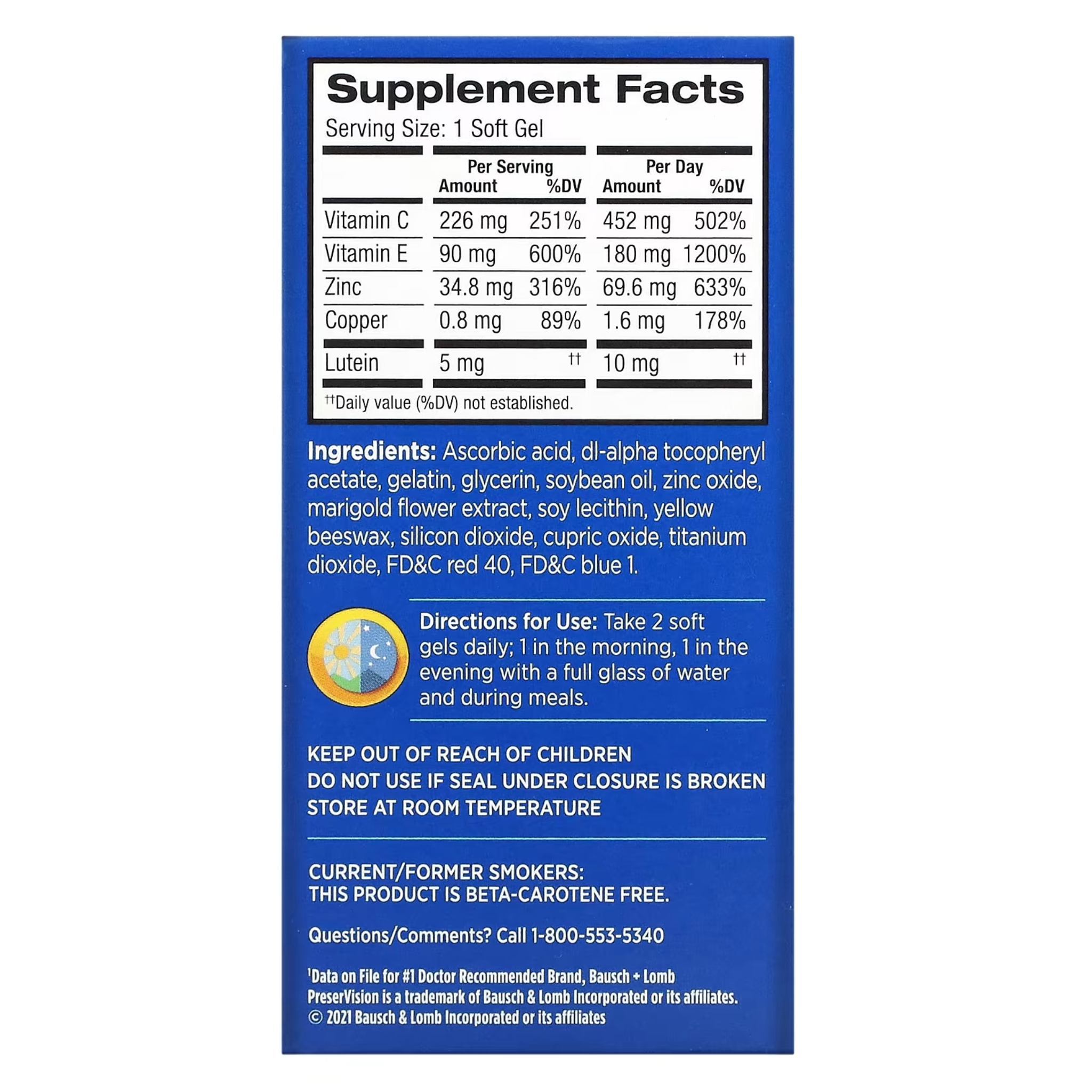 Bausch + Lomb, PreserVision AREDS Eye Vitamins & Minerals, AREDS Formula with Lutein, 120 Softgels