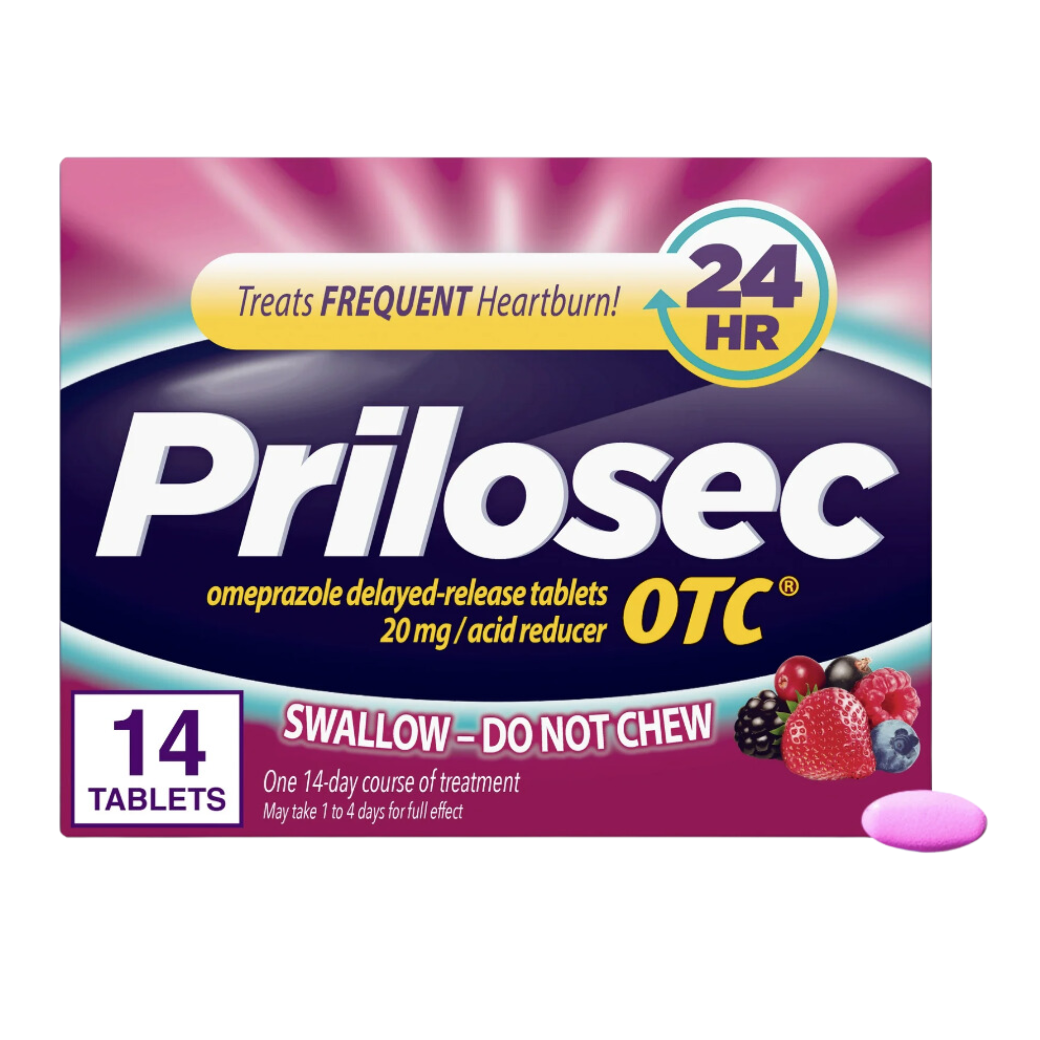 Prilosec OTC Heartburn Relief, Over-The-Counter Medicine, Acid Reducer Tablets, Wildberry, 14 Ct