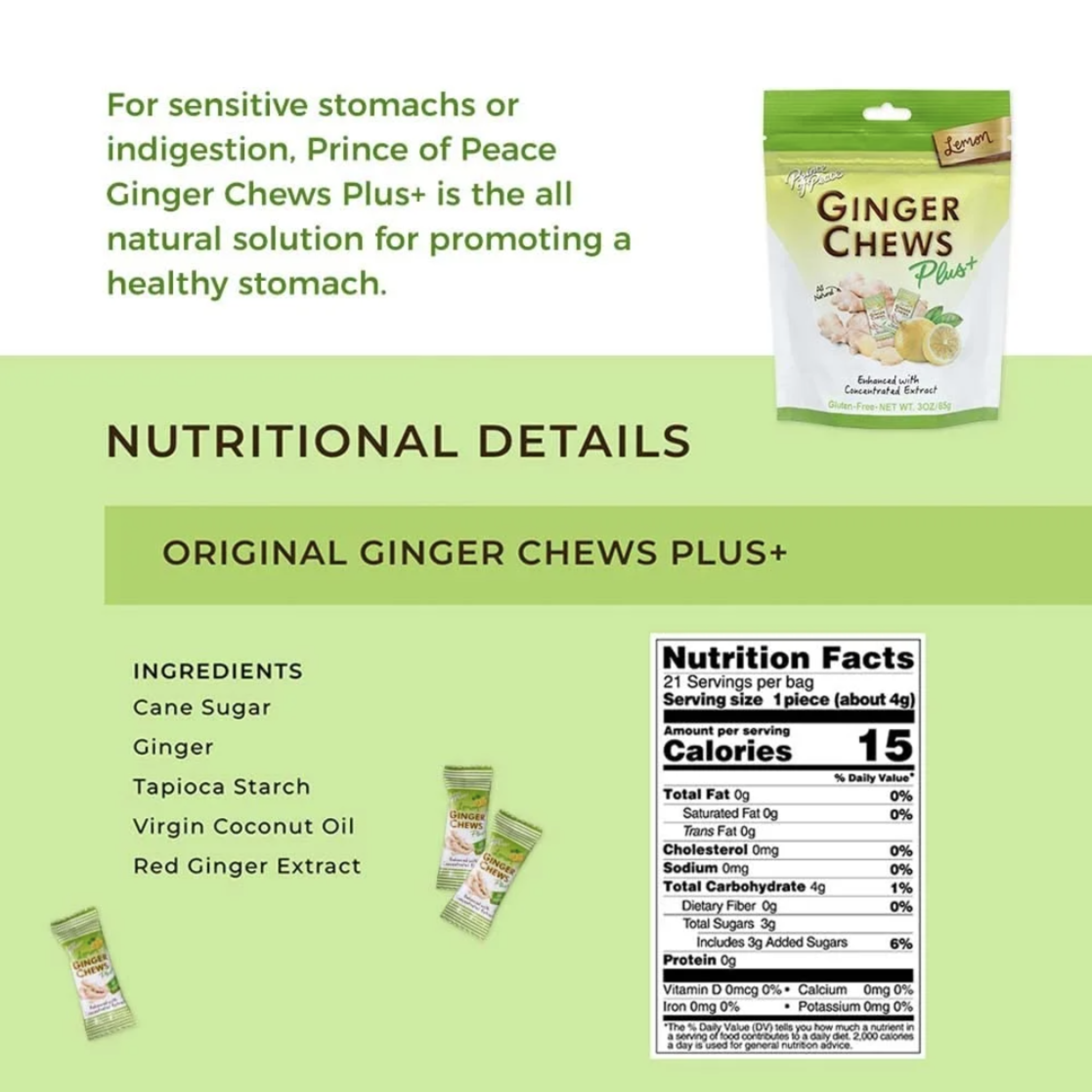 Prince of Peace Ginger Chew Plus+ with Lemon, 3 oz. Bag – Digestive Aid, Relief, Healthy Candy, Stomach Aid