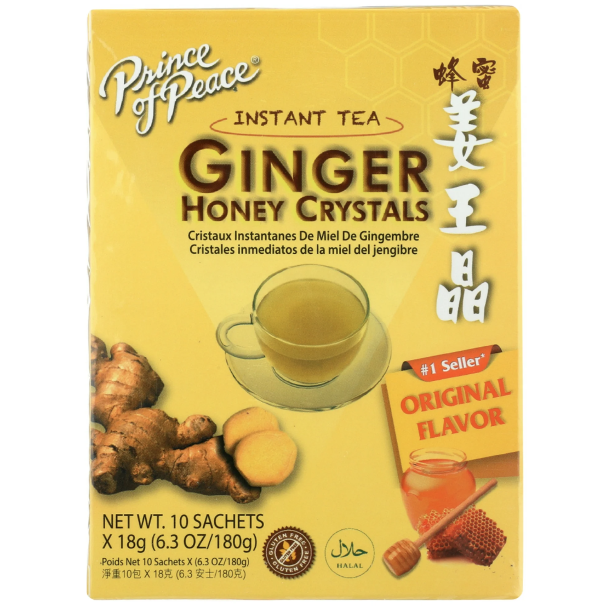 Prince of Peace Instant Tea Ginger Honey Crystals - 10CT Tea Bag Sachets Original Flavor