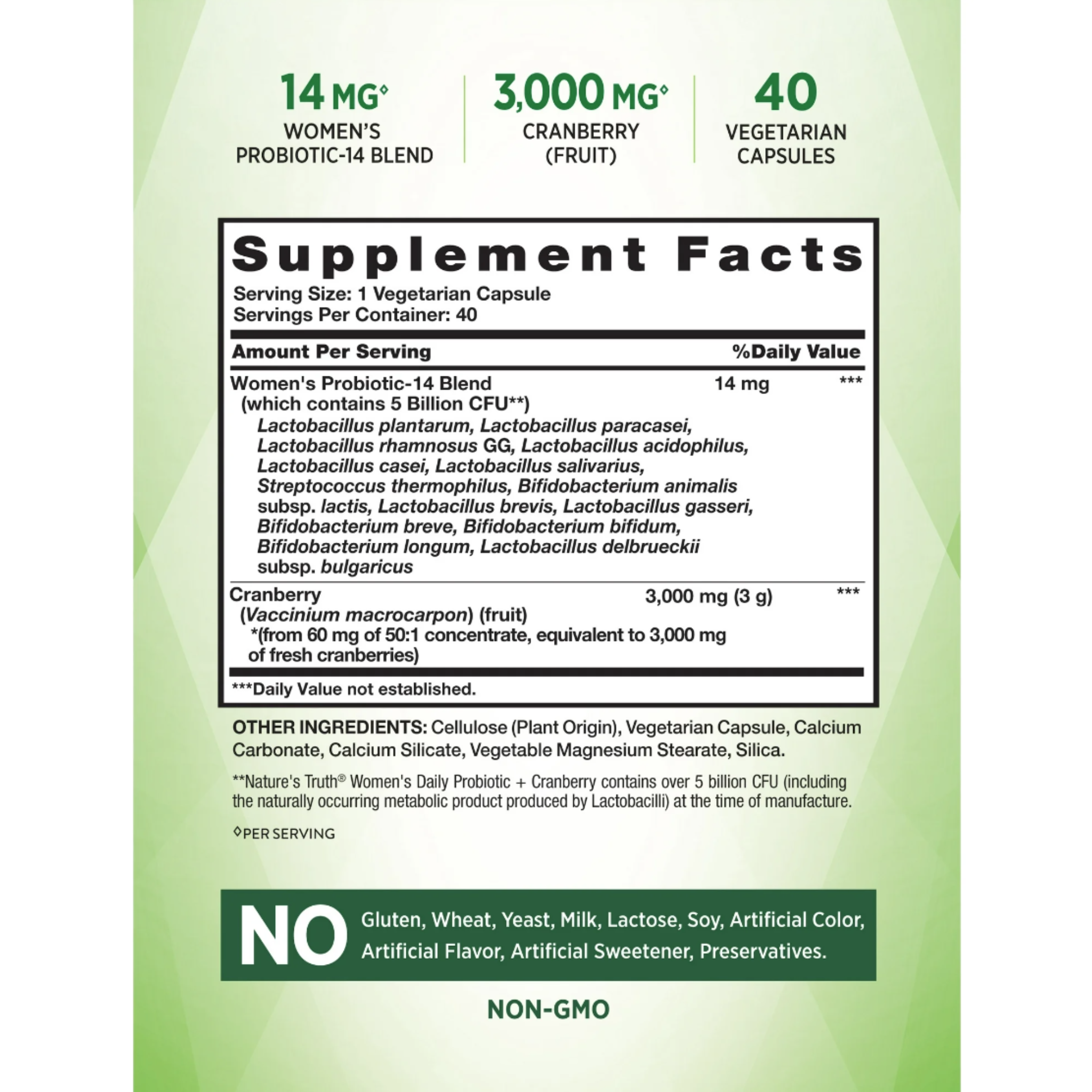 Probiotics for Women, 5 Billion Active Cultures, 40 Vegetarian Capsules, With Cranberry, Non-GMO, Gluten Free, By Natures Truth