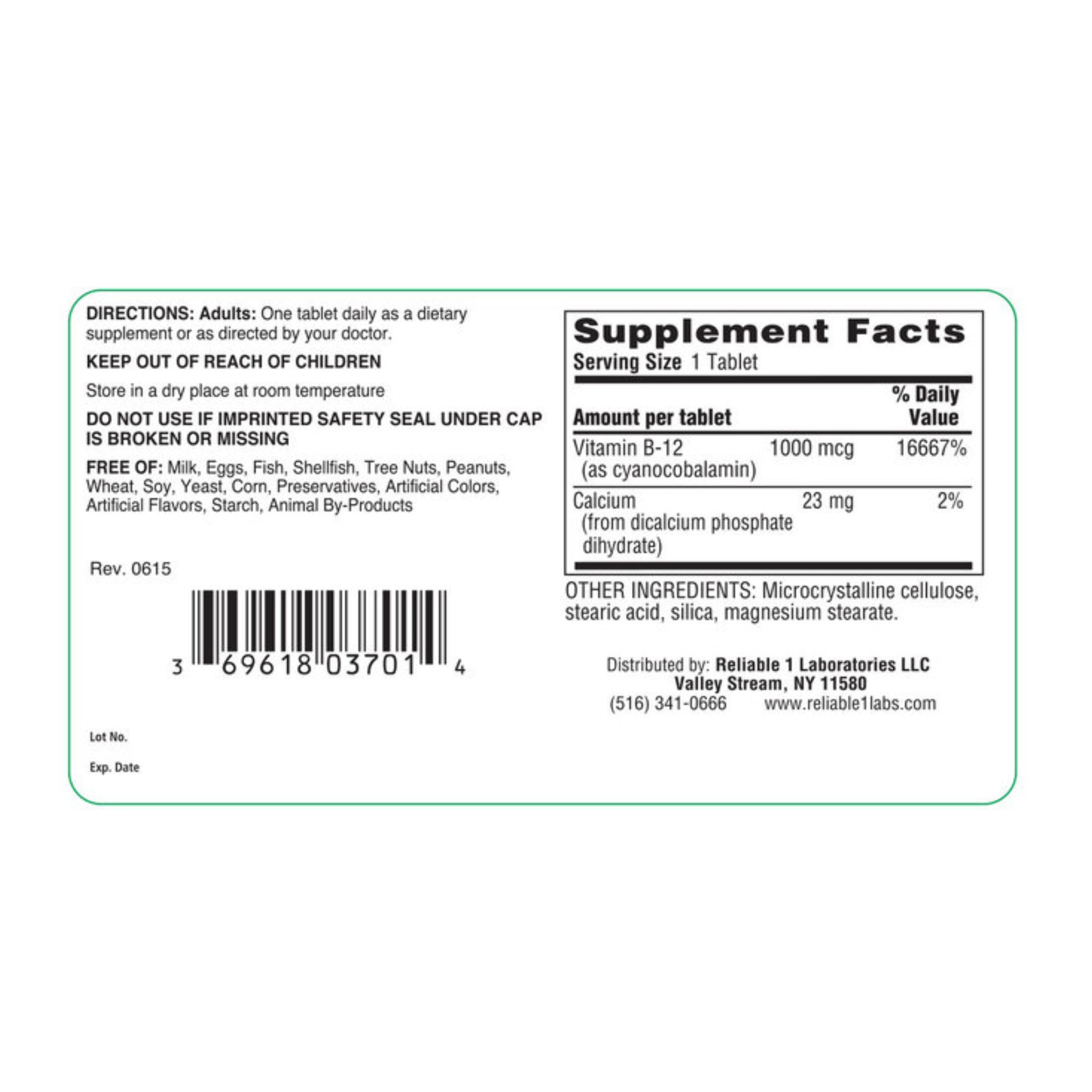 Reliable-1, Vitamin B-12 1000 mcg Tablets, Supports Energy & Nervous System Health, 100 Count