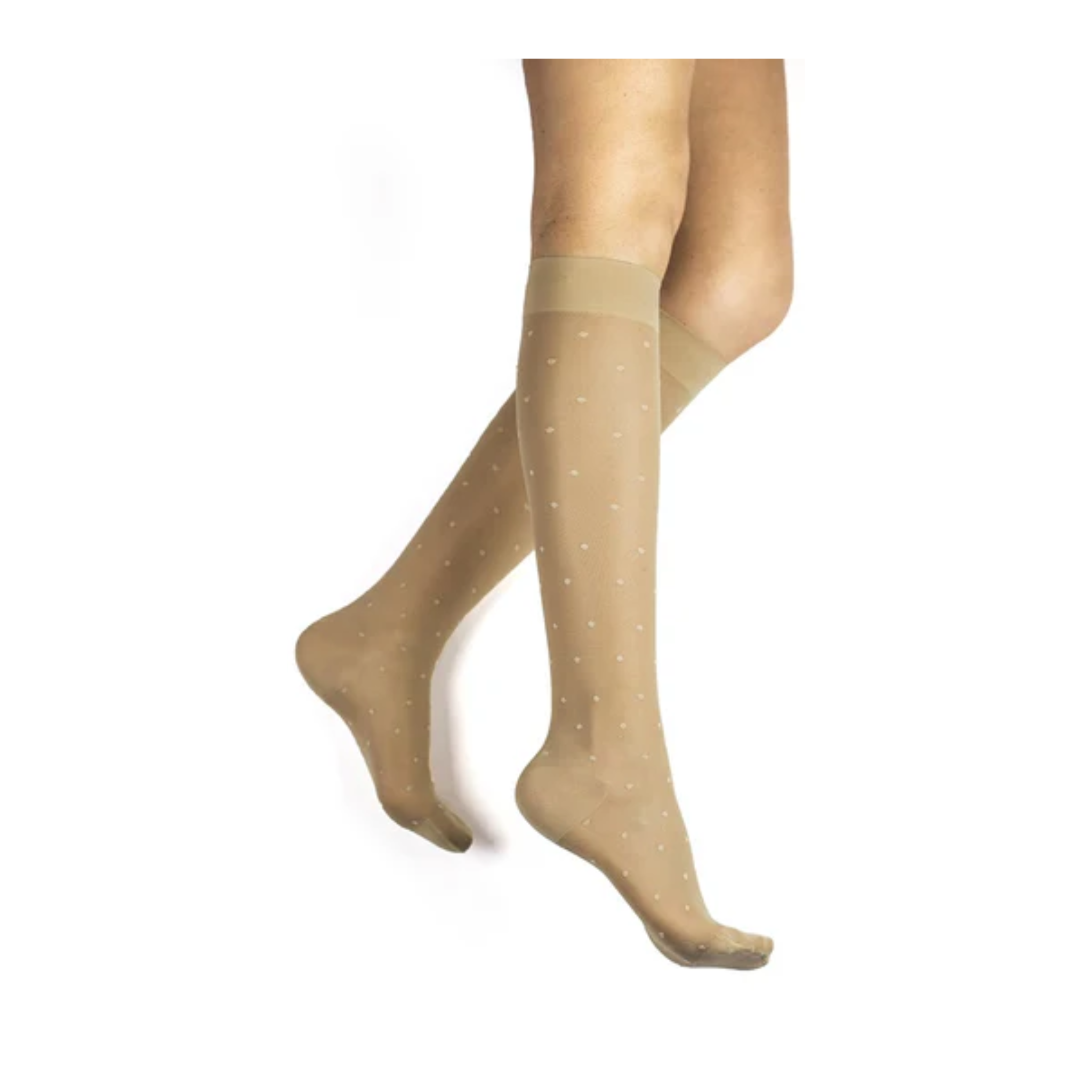 Rejuva, Sheer Dot Women's Knee High Compression Socks, 15-20 mmHg, Lightweight & Stylish, Large, Buff