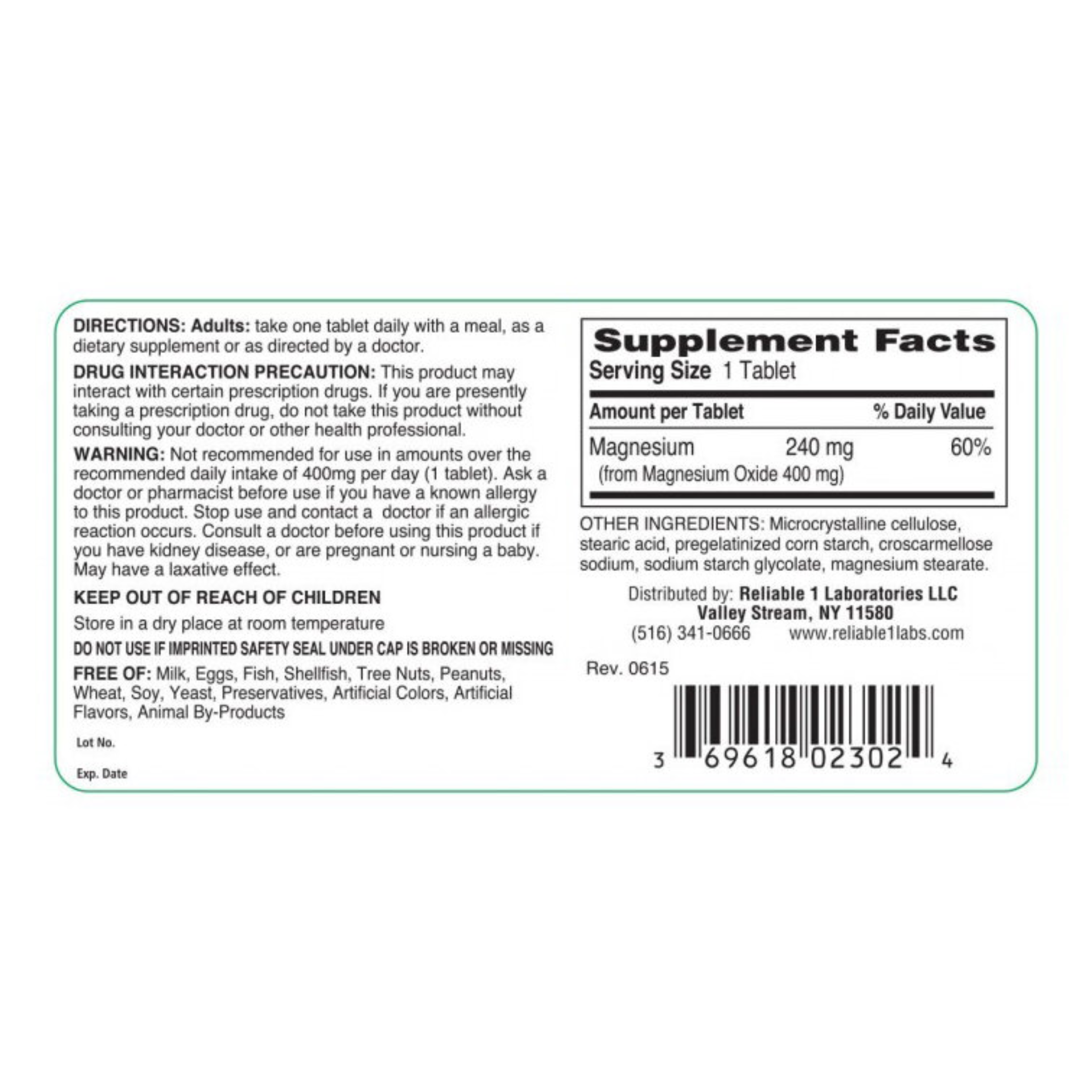 Reliable-1 Laboratories, Magnesium Oxide 400 mg, Essential Mineral Supplement for Muscle, Nerve & Immune Support, 120 Tablets