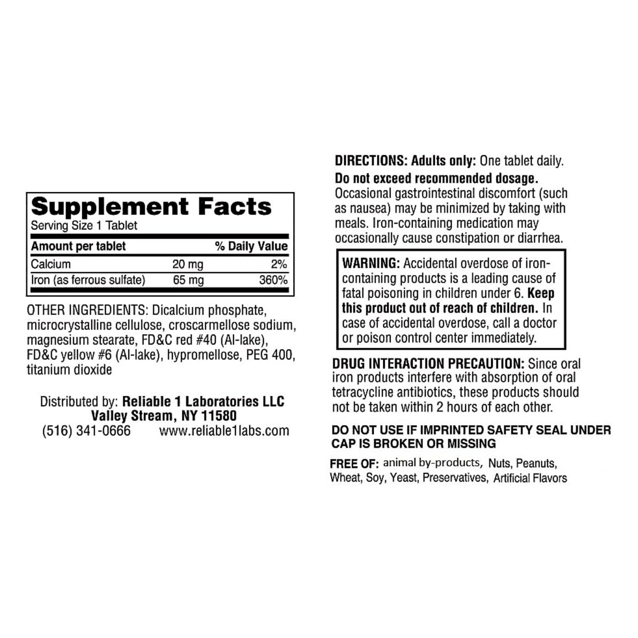 Reliable-1 Labs, Ferrous Sulfate 325 mg, High-Potency Iron Supplement for Red Blood Cell Support, 100 Tablets