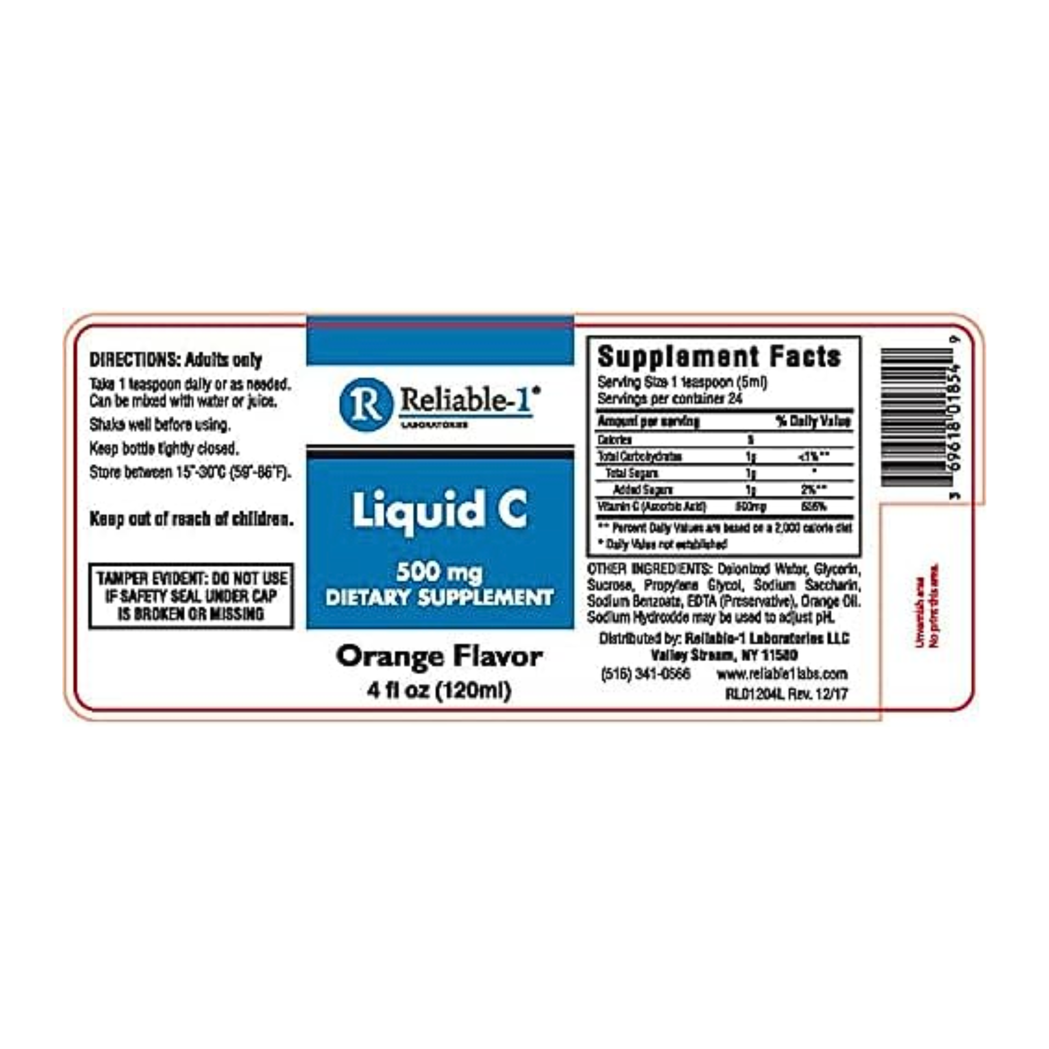 Reliable-1 Laboratories, Liquid C Dietary Supplement, Immune Support, Orange Flavor, 500mg, 4 Oz