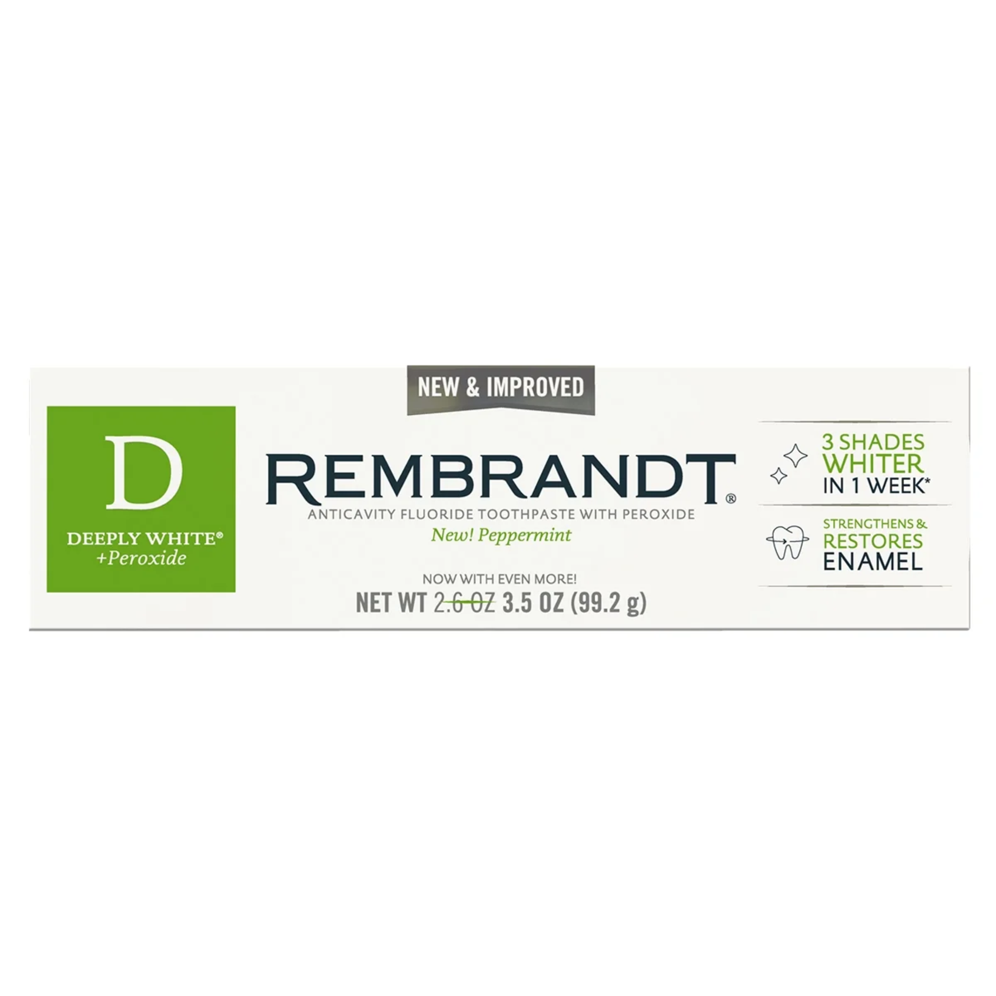 Rembrandt, Deeply White + Peroxide Whitening Toothpaste, Fresh Mint Flavor for Stain Removal and Brightening, 3.5 oz