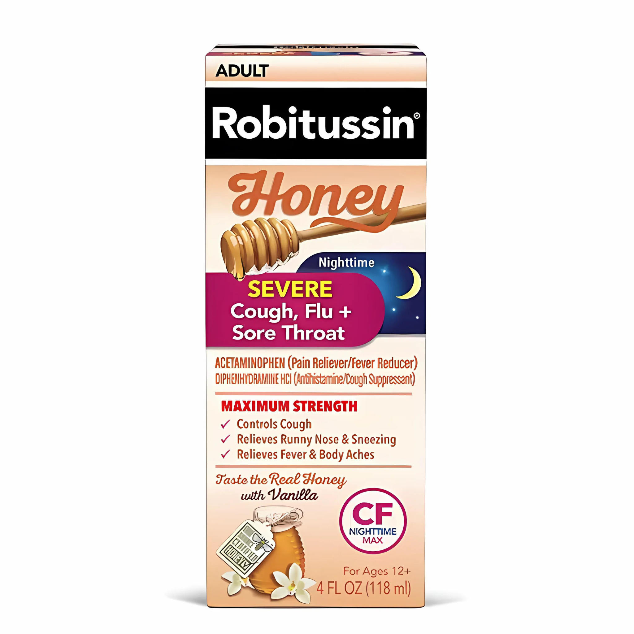 Robitussin Night Honey Severe Cough, Flu & Sore Throat , 4 oz