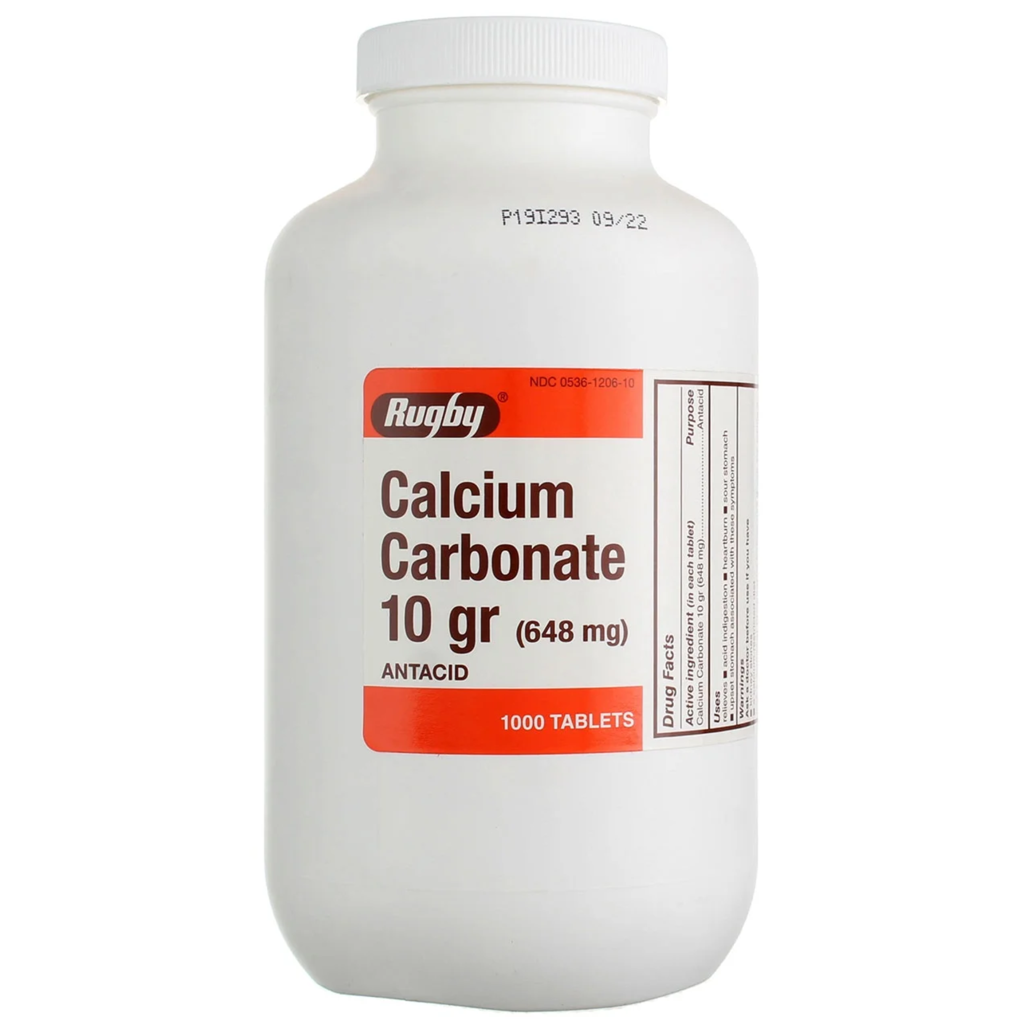 Rugby, Calcium Carbonate 648mg, Antacid for Heartburn & Indigestion Relief, 1000 Tablets