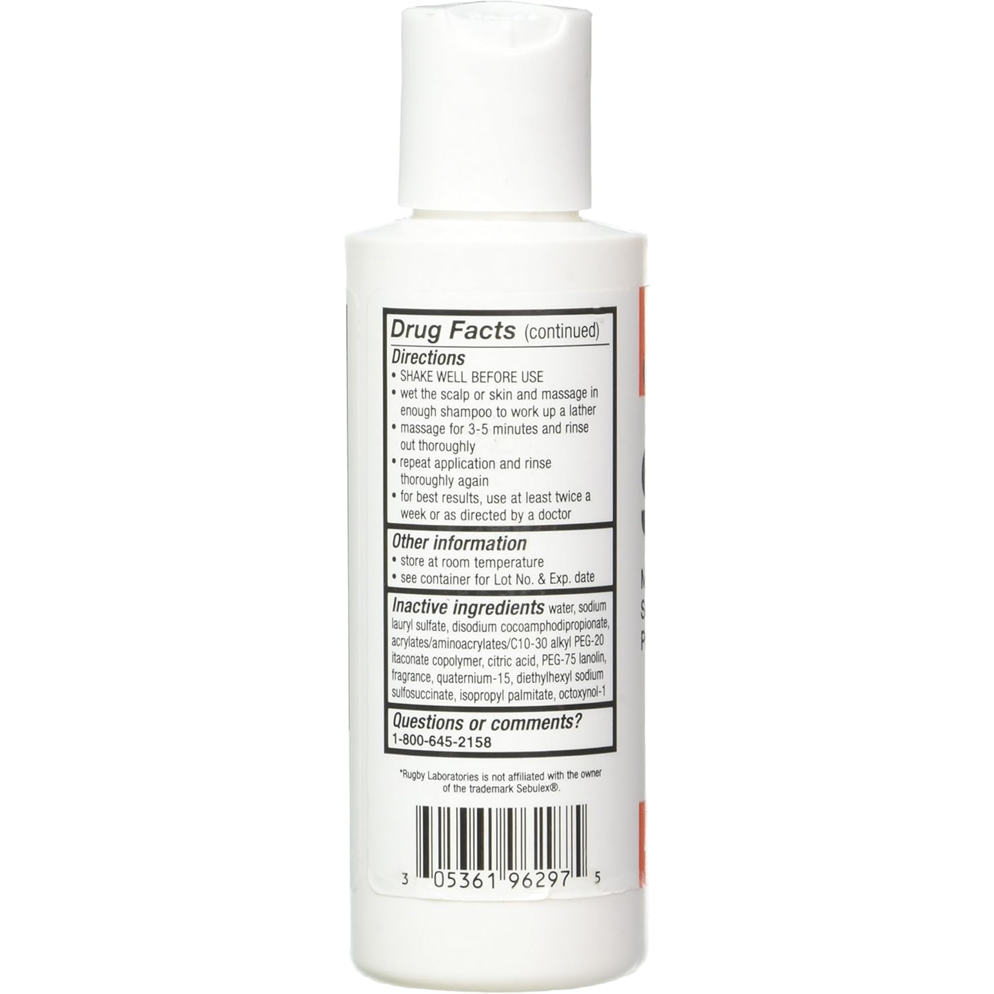 Rugby, Sebex Shampoo, Therapeutic Scalp Care for Dandruff, 4 Ounces