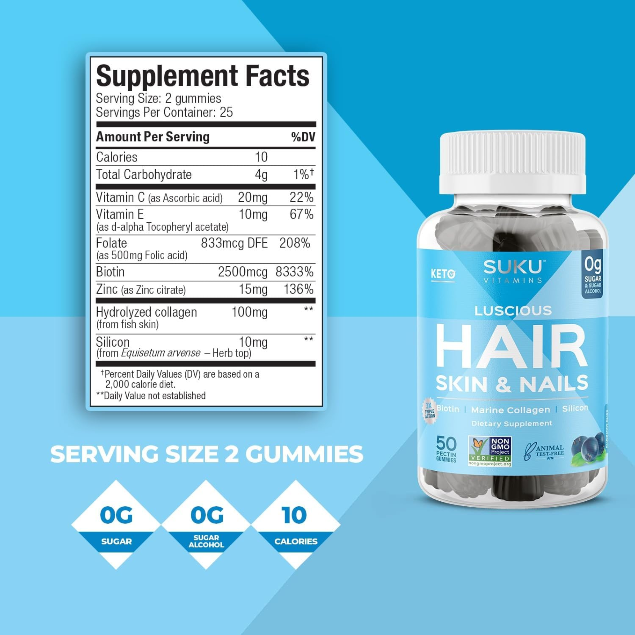 SUKU, Luscious Hair Gummies, Silicon Biotin and Hydrolyzed Marine Collagen, Supports Hair Skin & Nails, Non-GMO Gluten & Sugar Free, Blueberry Flavored, 50 Count