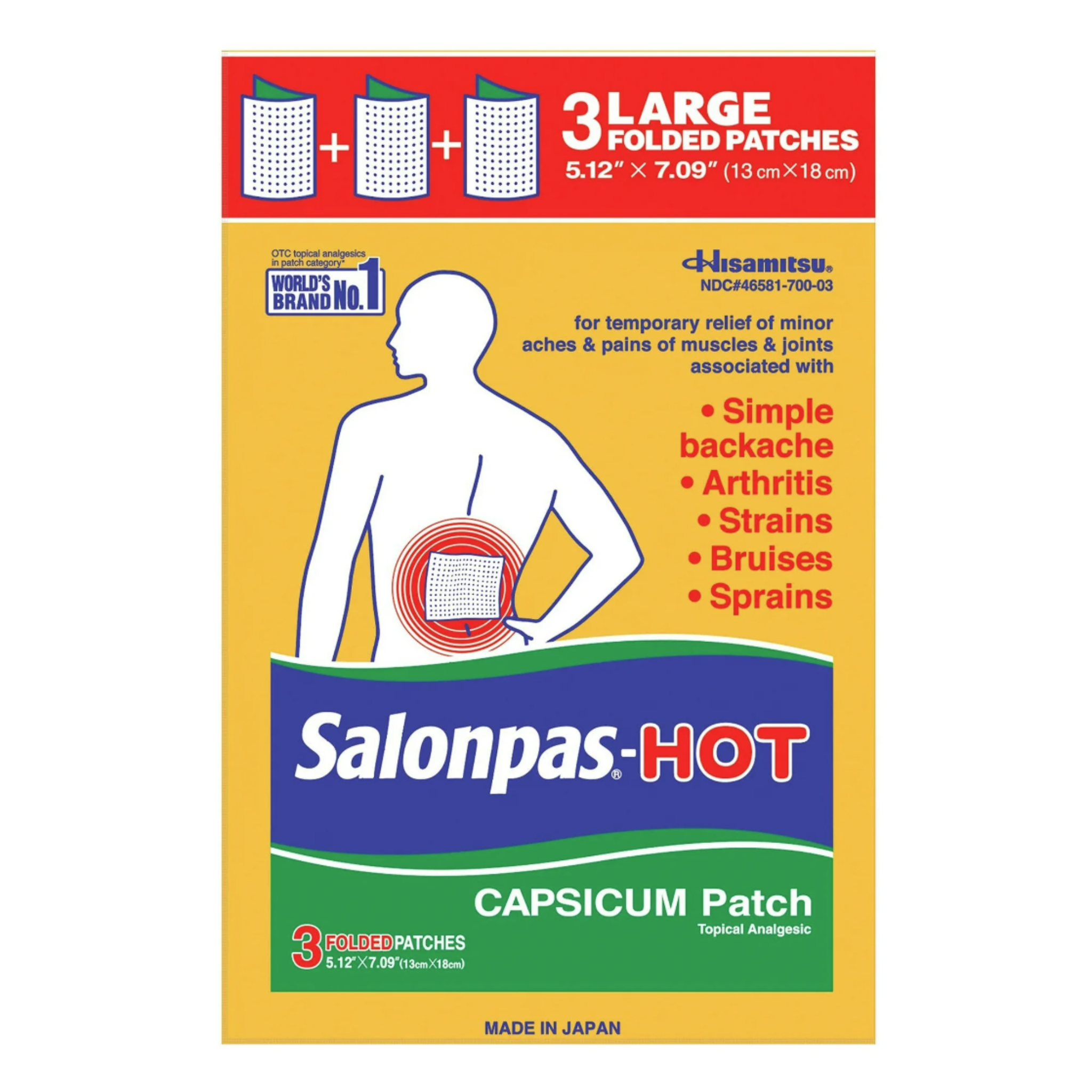 Salonpas Hot Large, Unscented Pain Relief Patch with Capsicum, Topical Analgesic, 3 Count - Pharmaful
