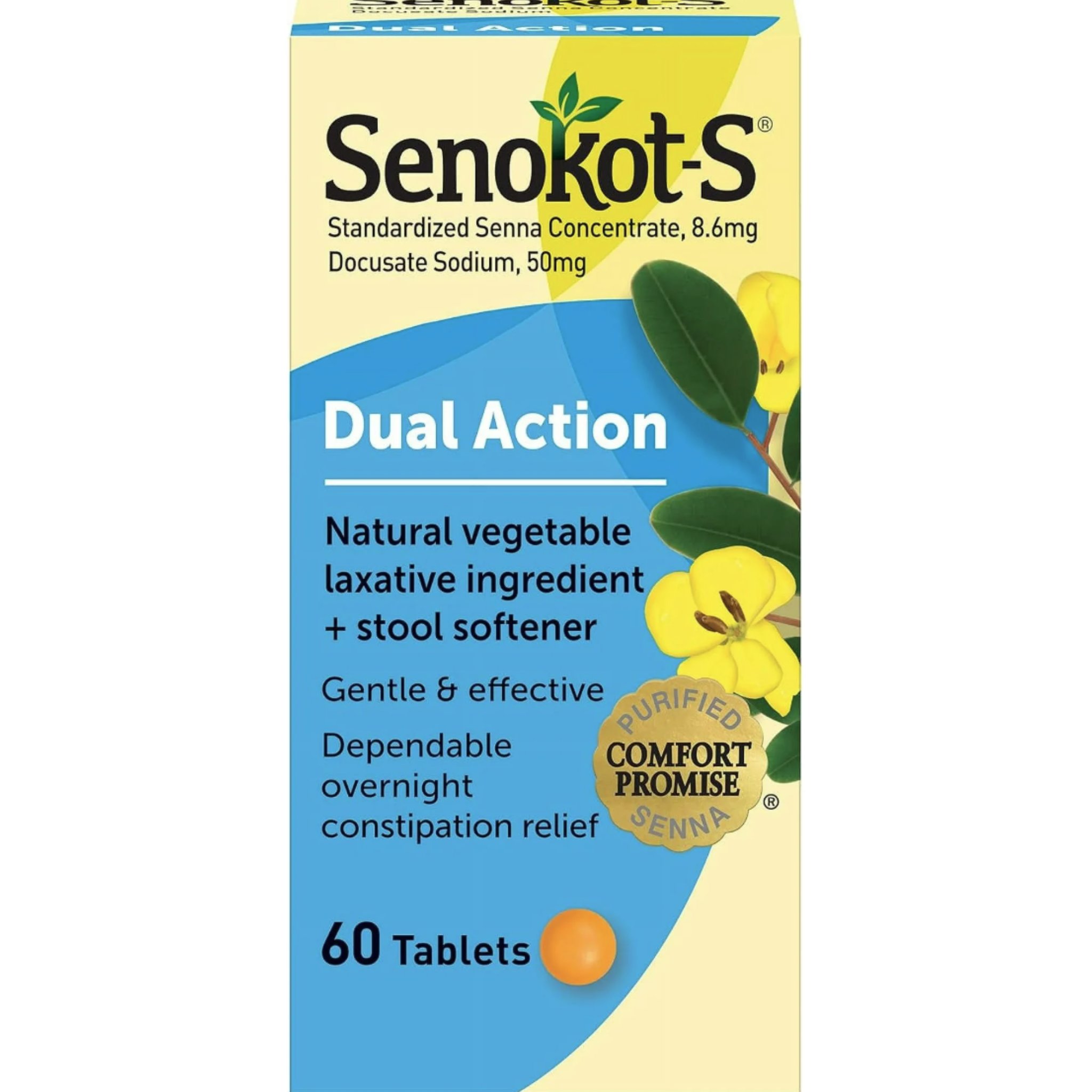 Senokot-S Dual Action, 60 Tablets, Vegetable Laxative Plus Stool Softener Relief of Constipation