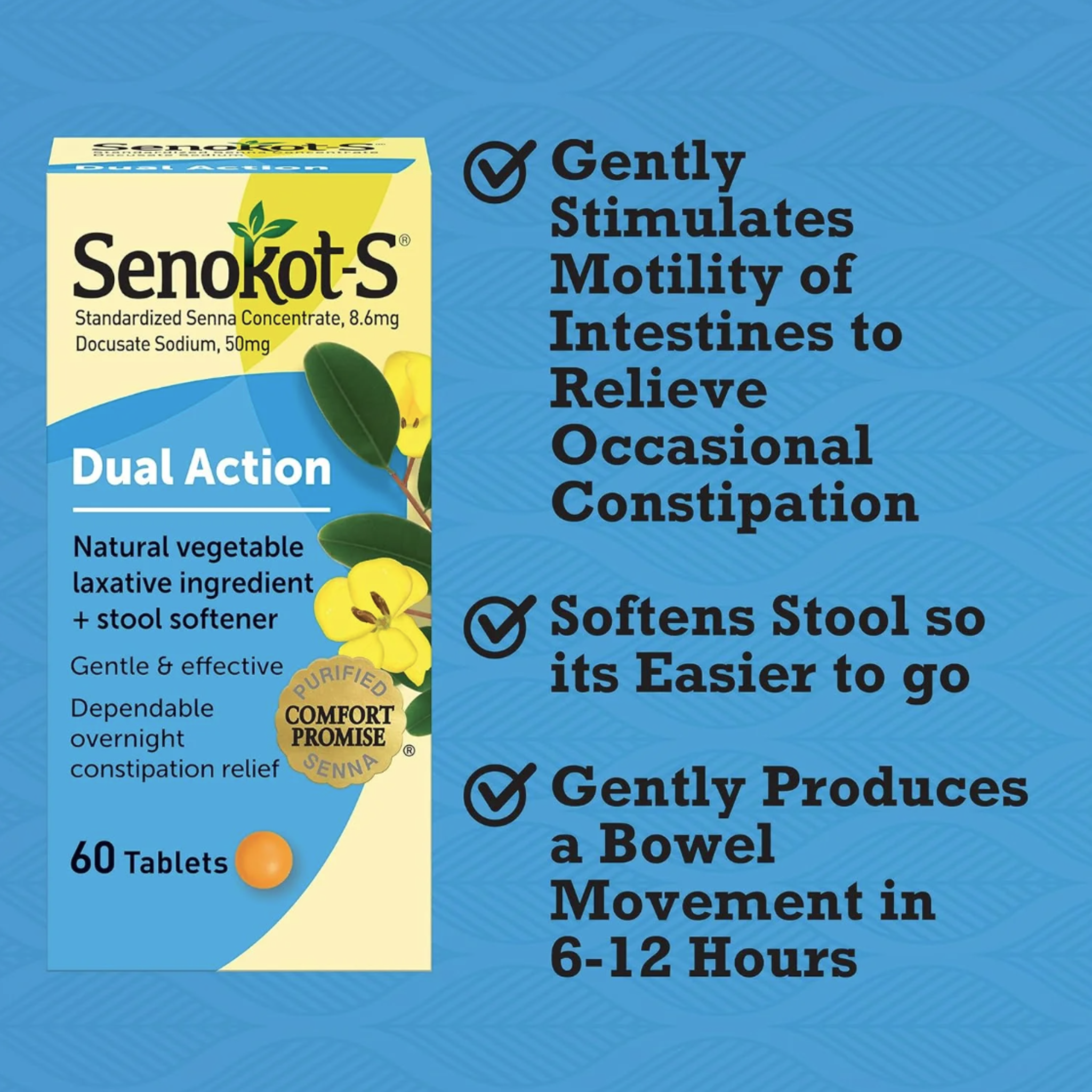 Senokot-S Dual Action, 60 Tablets, Vegetable Laxative Plus Stool Softener Relief of Constipation