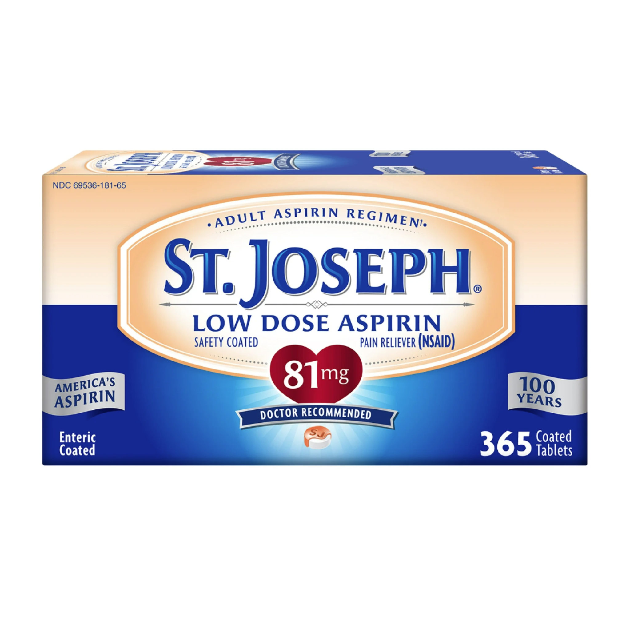 St. Joseph Aspirin Pain Reliever (NSAID) 81mg, Enteric Safety Coated, Adult Low Dose Regimen, 1 Year Supply, 365 Ct - Pharmaful