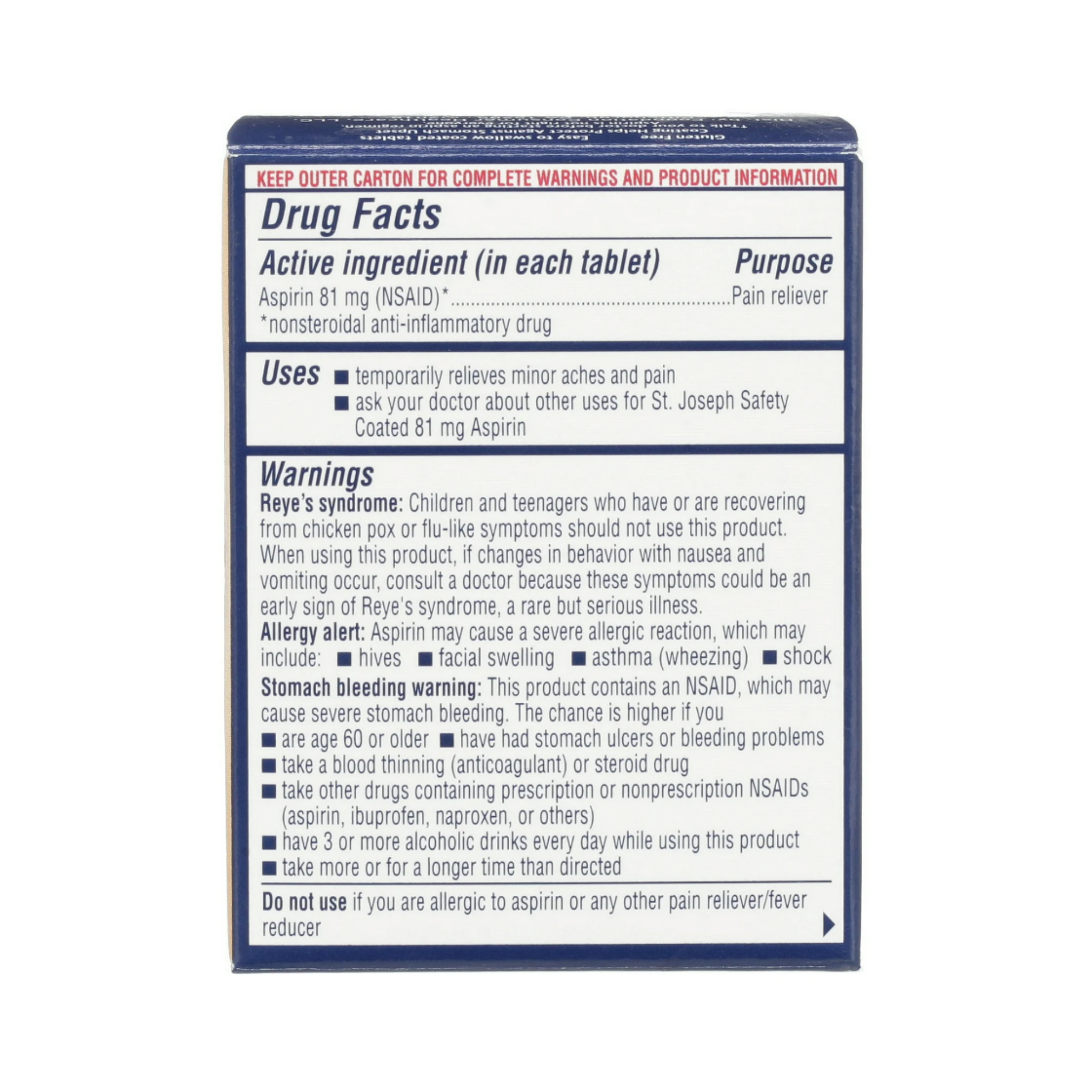 St. Joseph Low Dose Enteric Safety Coated Pain Relieving Aspirin 81mg, 36 Ct. - Pharmaful