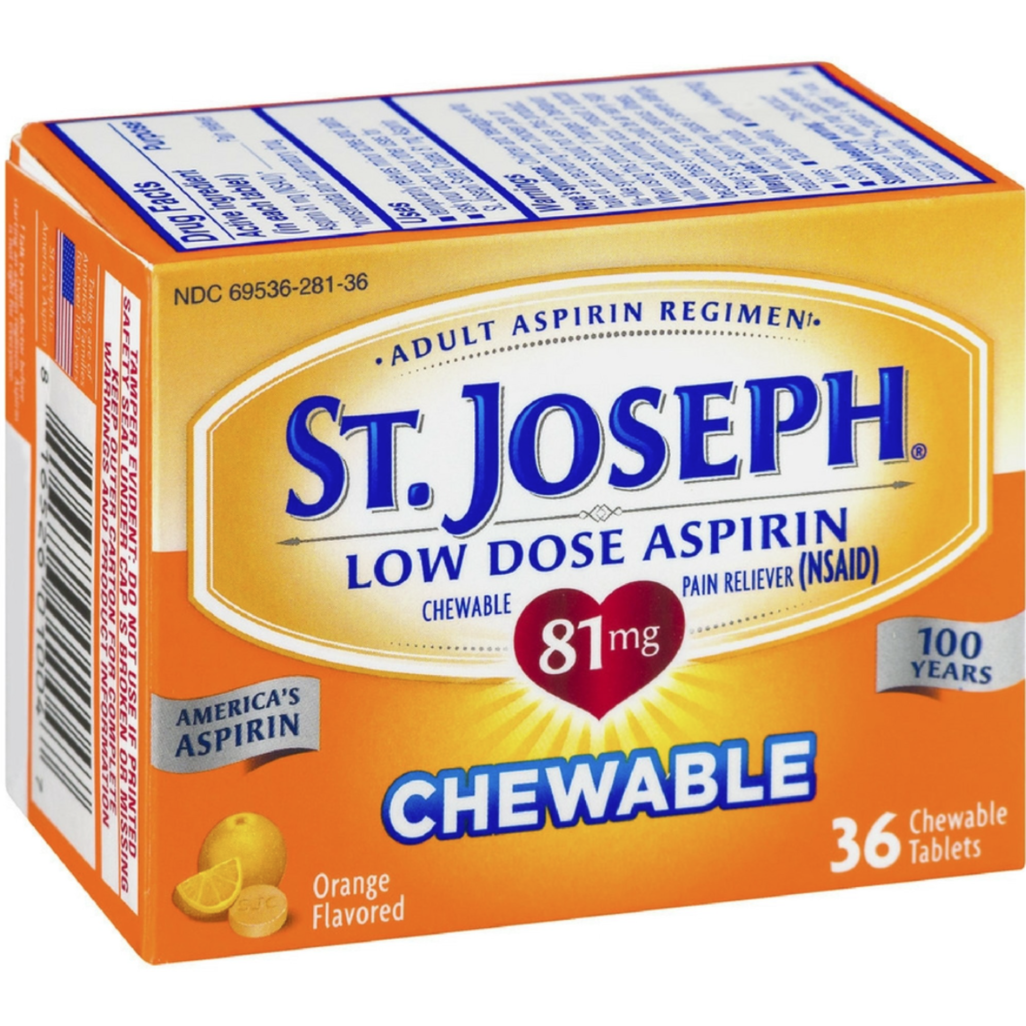 St. Joseph Orange Chewable 81mg Aspirin, 36 Tablets - Pharmaful
