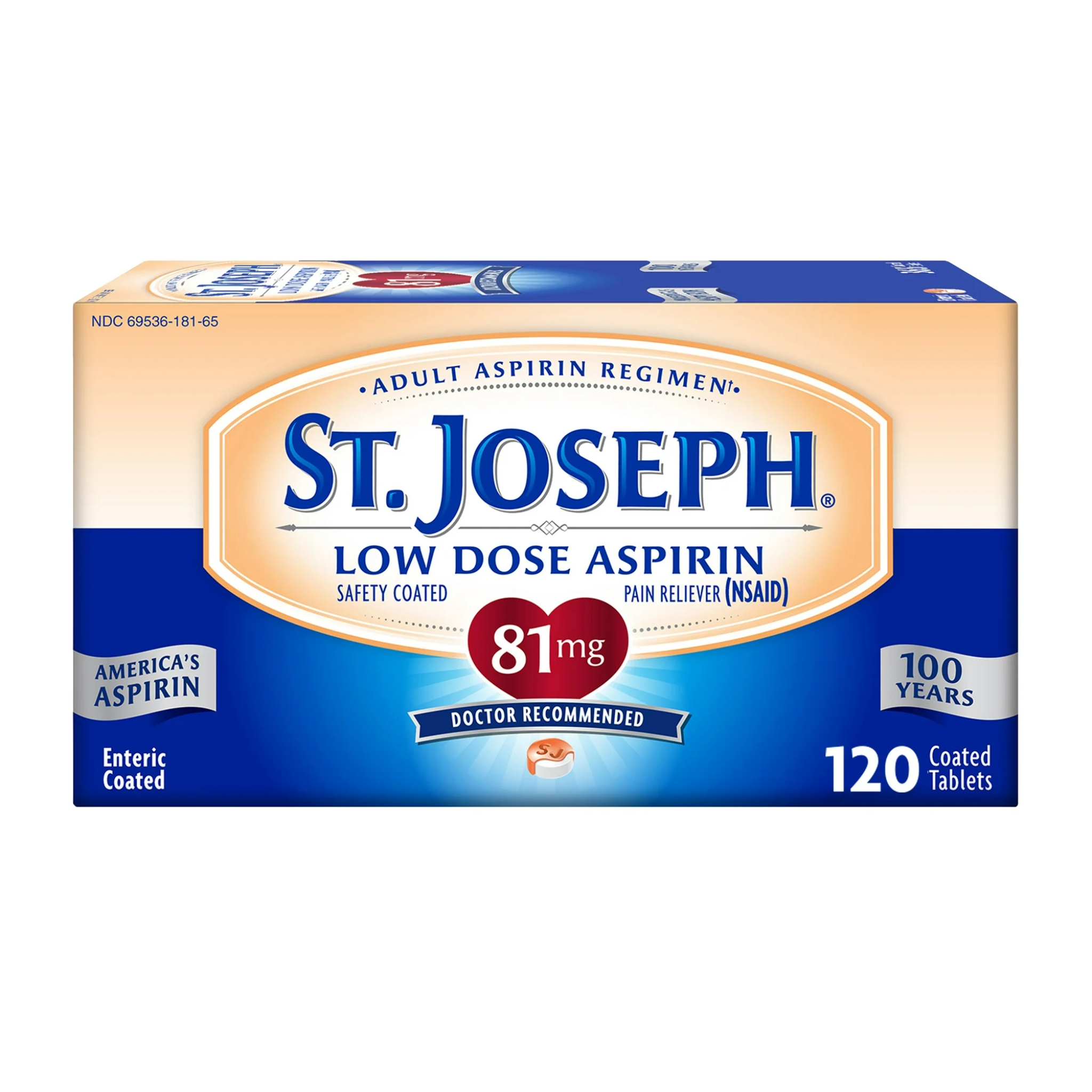 St. Joseph, Aspirin Pain Reliever 81mg, Enteric Coated for Adult Low Dose Regimen, Gentle on Stomach, 120 Coated Tablets