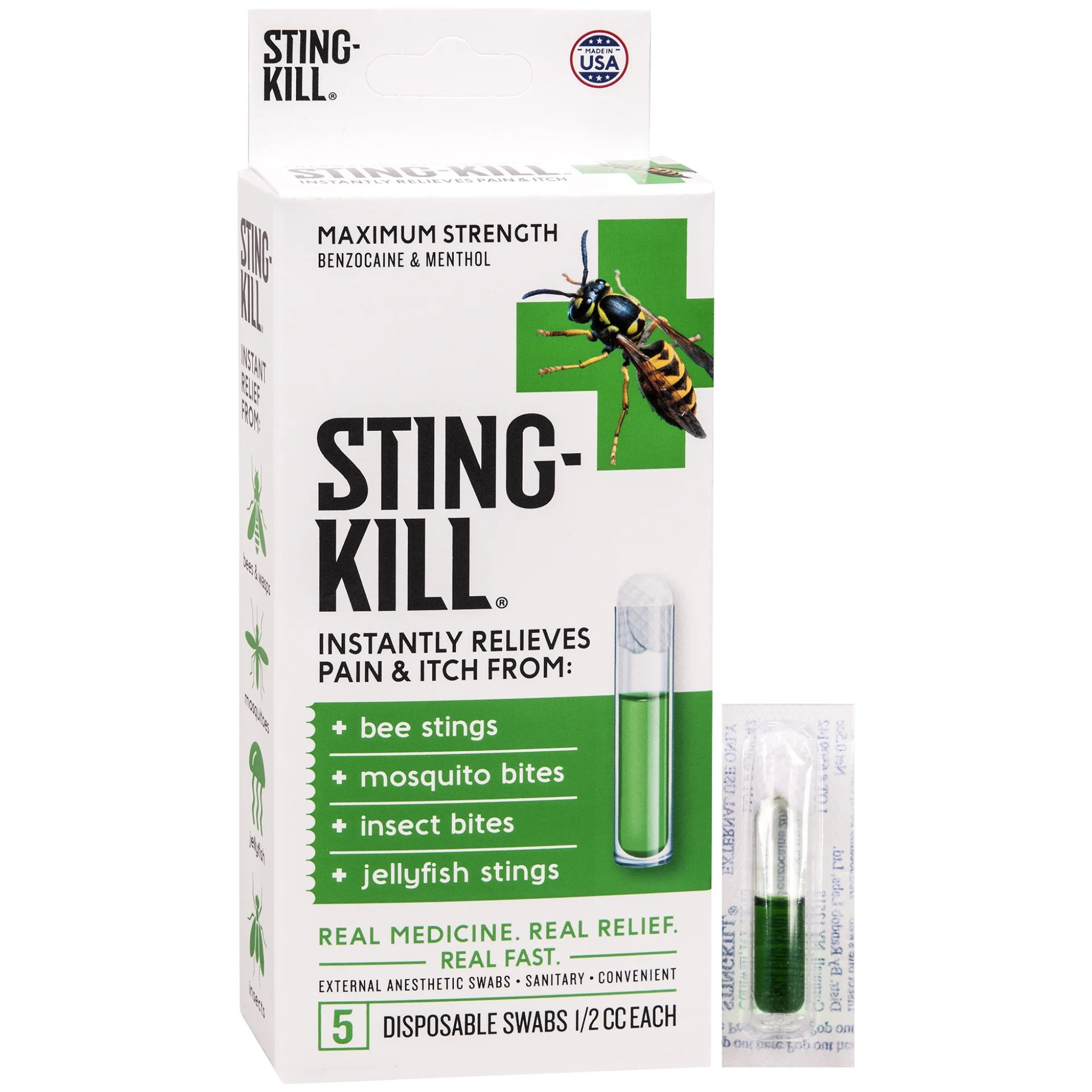 Sting-Kill, First Aid Anesthetic Swabs, Instant Pain and Itch Relief for Bee Stings and Bug Bites, 5 Ct
