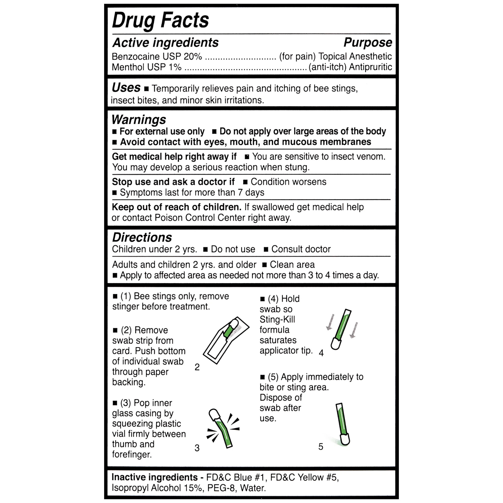 Sting-Kill, First Aid Anesthetic Swabs, Instant Pain and Itch Relief for Bee Stings and Bug Bites, 5 Ct