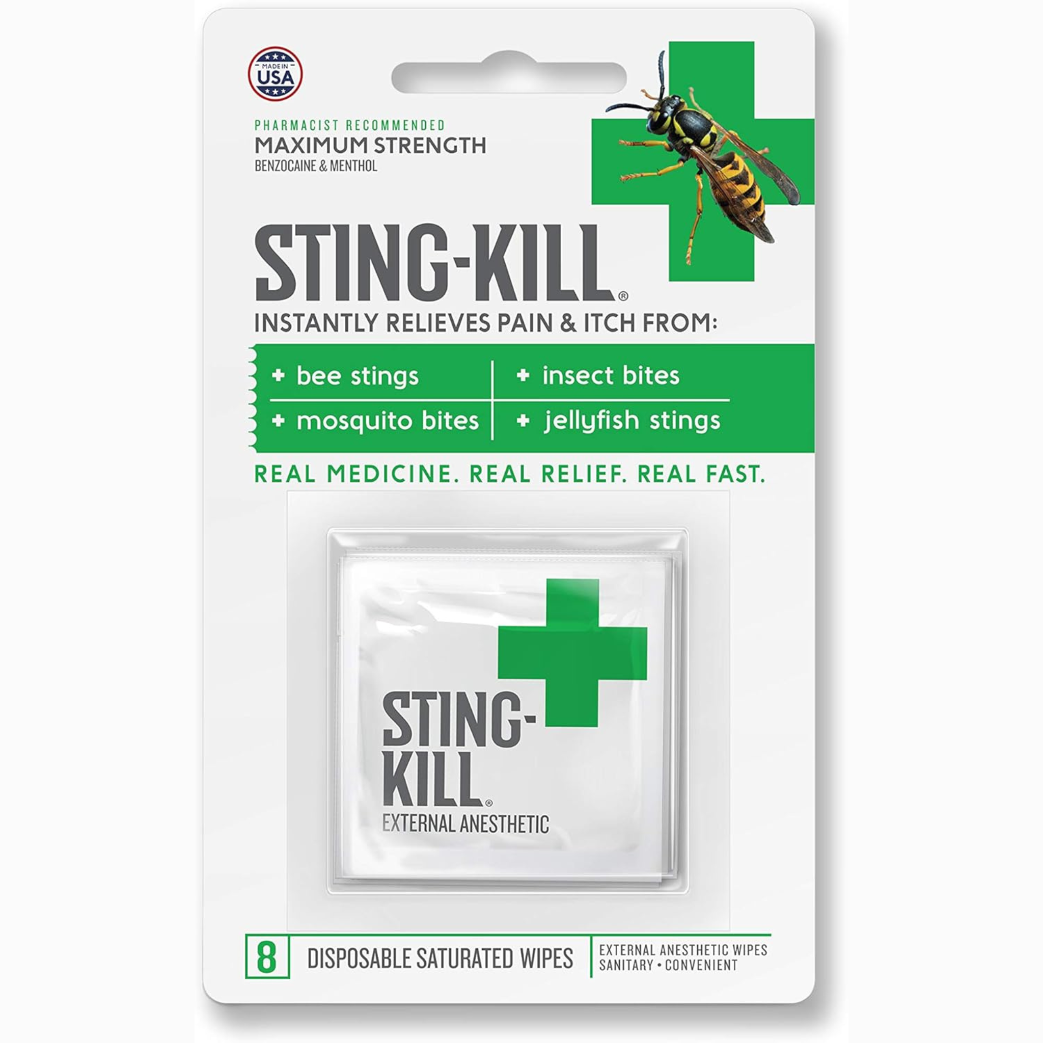 Sting-Kill, First Aid Anesthetic Wipes, Instant Pain and Itch Relief for Bee Stings and Bug Bites, 8-Count