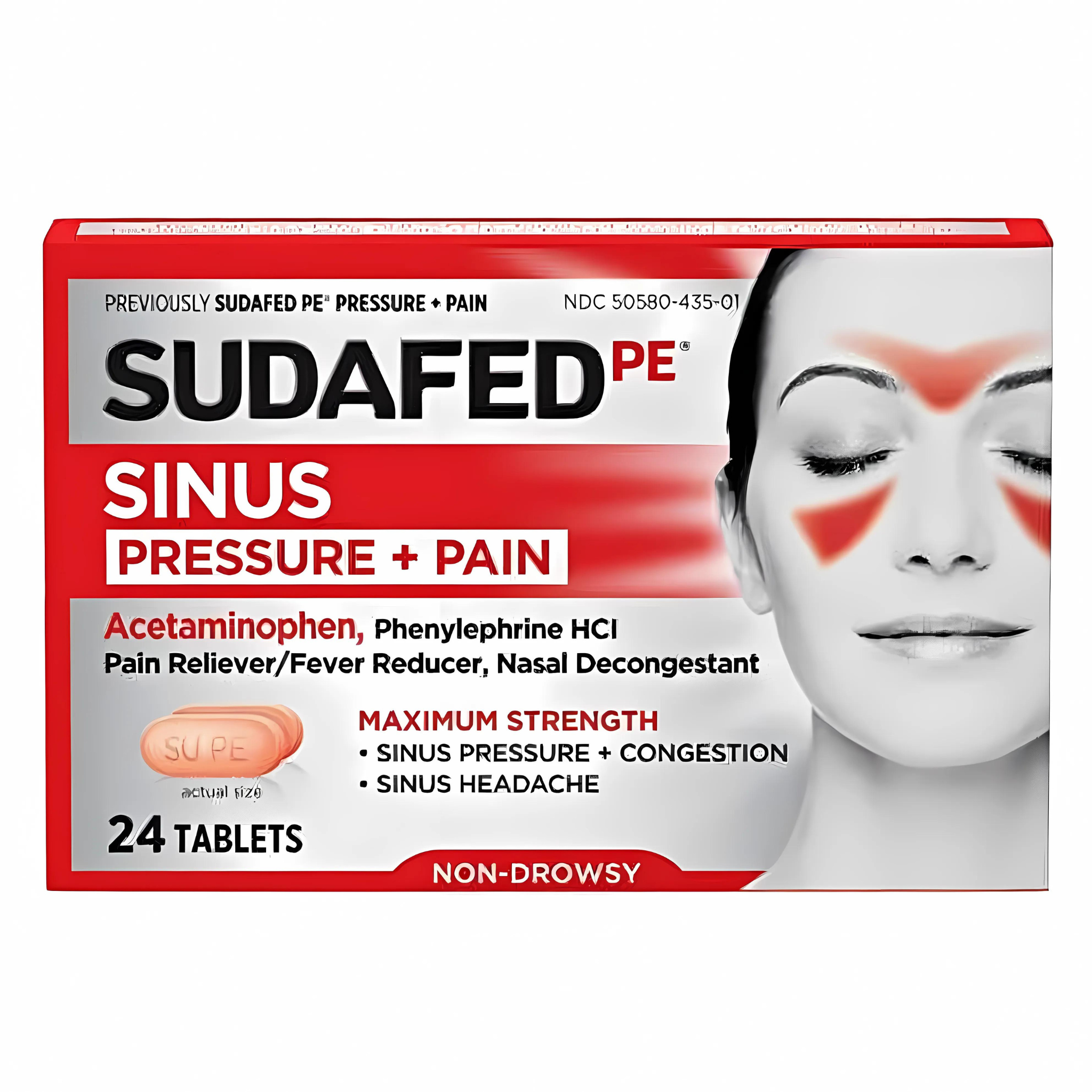 Sudafed PE Sinus Pressure + Pain Relief Decongestant Tablets, 24 Ct