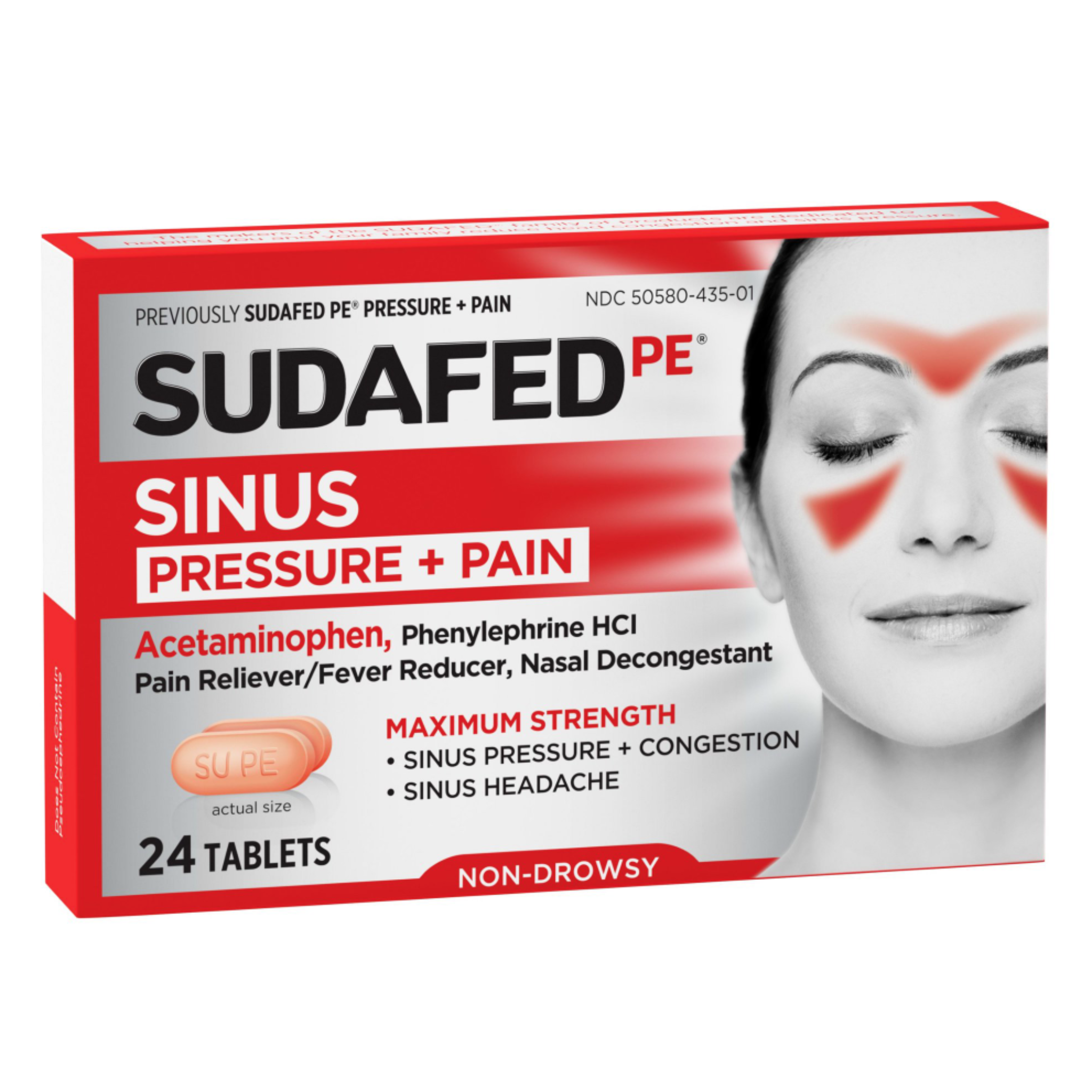 Sudafed PE Sinus Pressure + Pain Relief Decongestant Tablets, 24 Ct