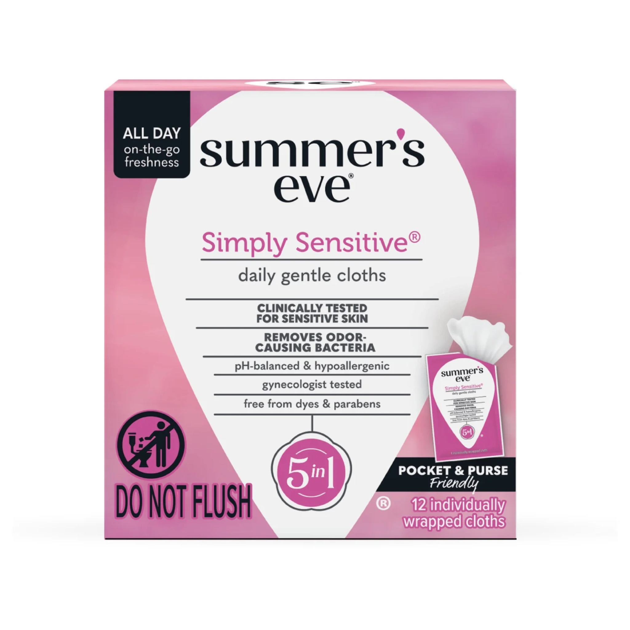 Summer’s Eve Simply Sensitive Daily Feminine Wipes, Removes Odor, pH Balanced, 12 count