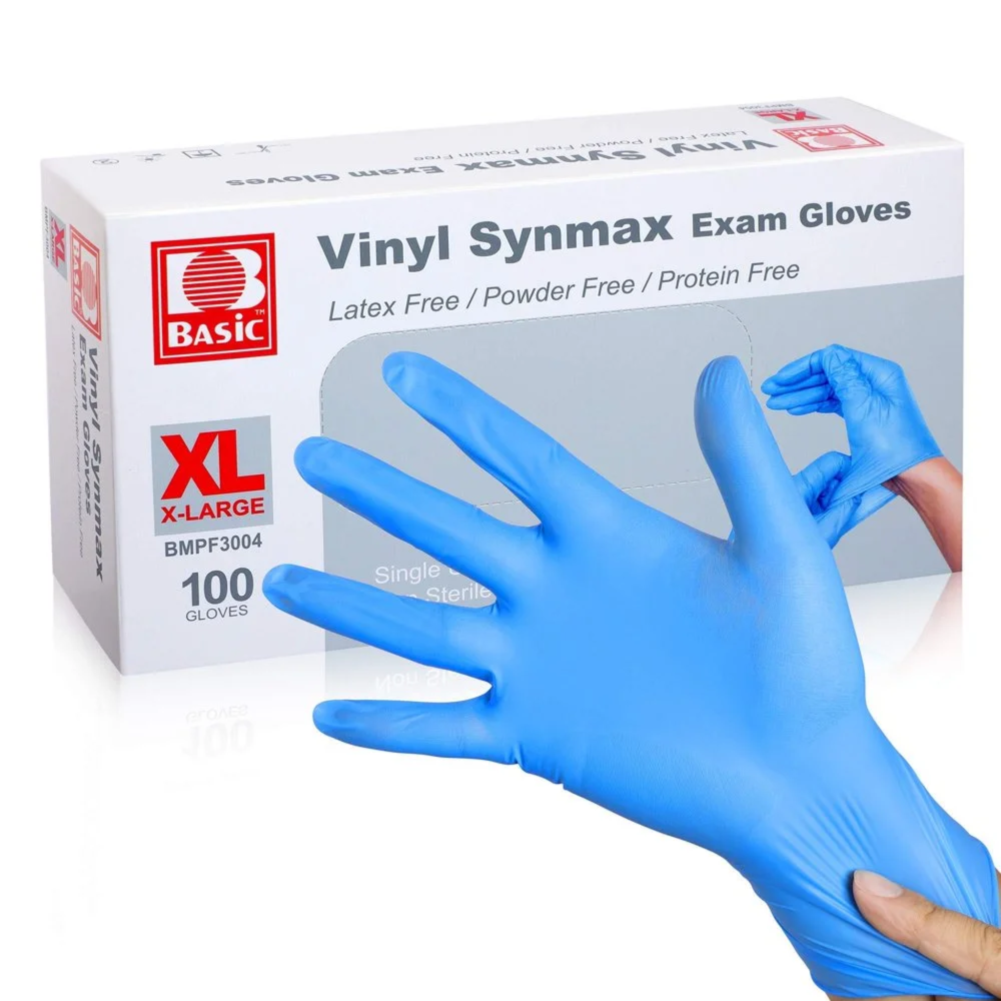 Synmax, Basic Vinyl Exam Gloves, Comfortable and Flexible Protection for Healthcare Use, Blue, X-Large, Box of 100