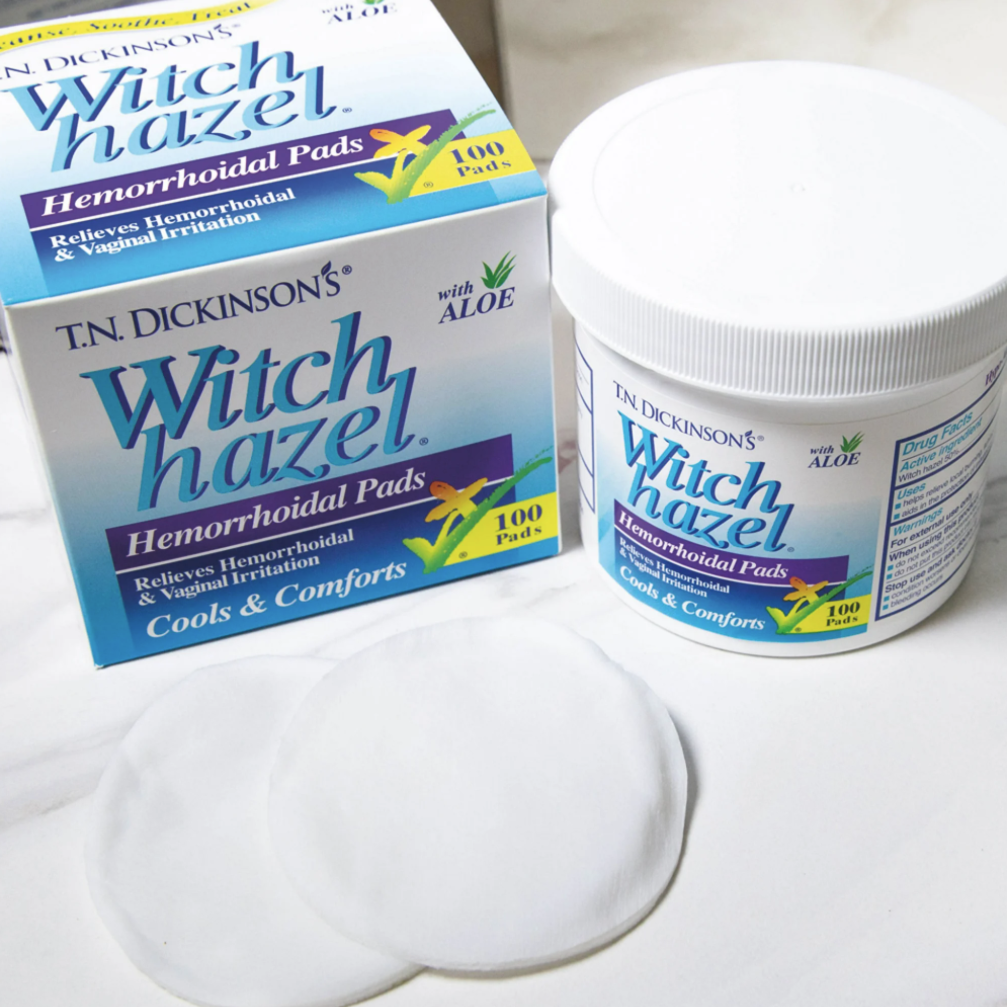 T.N. Dickinson's Witch Hazel Extra Soft Hemorrhoidal Pads with Aloe, Relieves Irritation, 100 Count