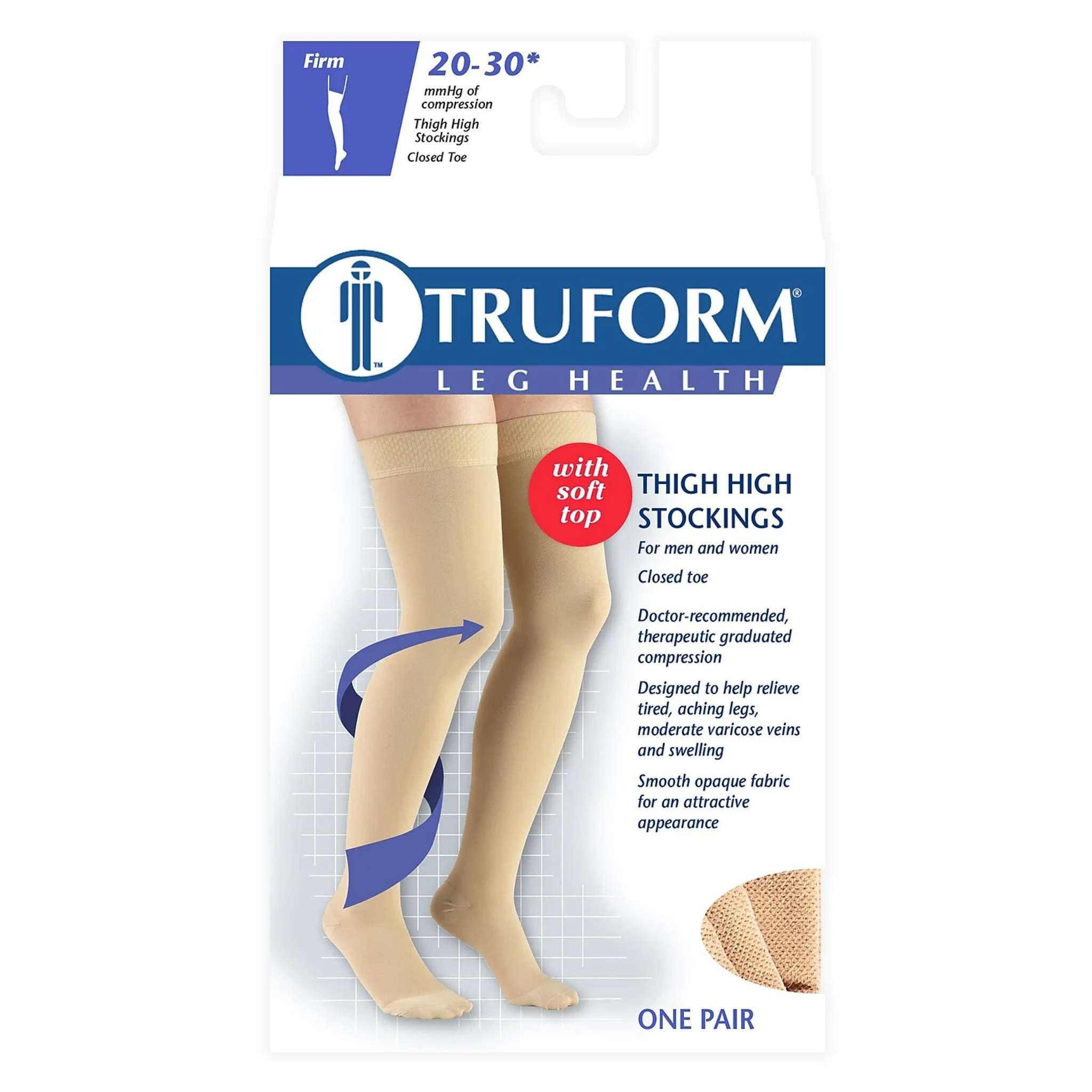 Truform, Unisex Thigh High Compression Stockings, Soft Top, Comfortable & Supportive Fit, Extra large, Beige, 20-30 mmHg