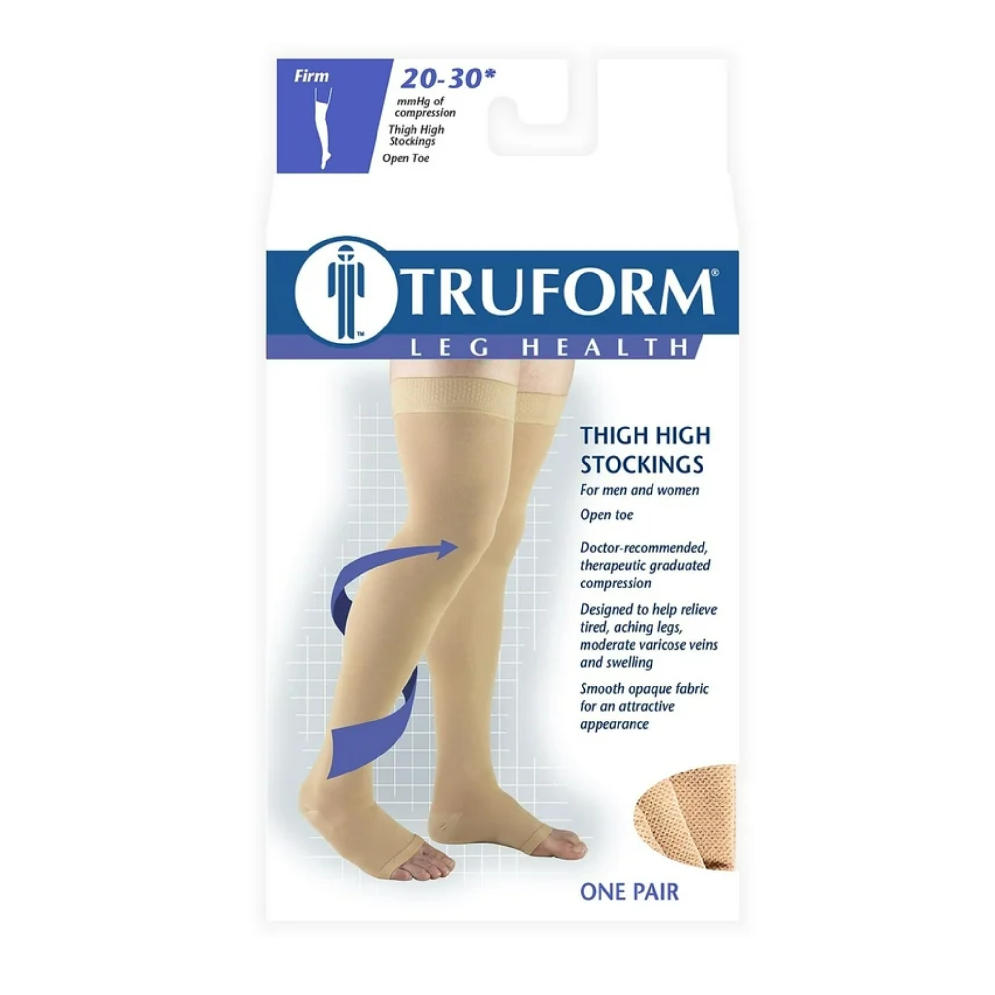 Truform, Thigh-High Open Toe Stockings, 20-30 mmHg Firm Compression with Dot Top Band, Large, Beige