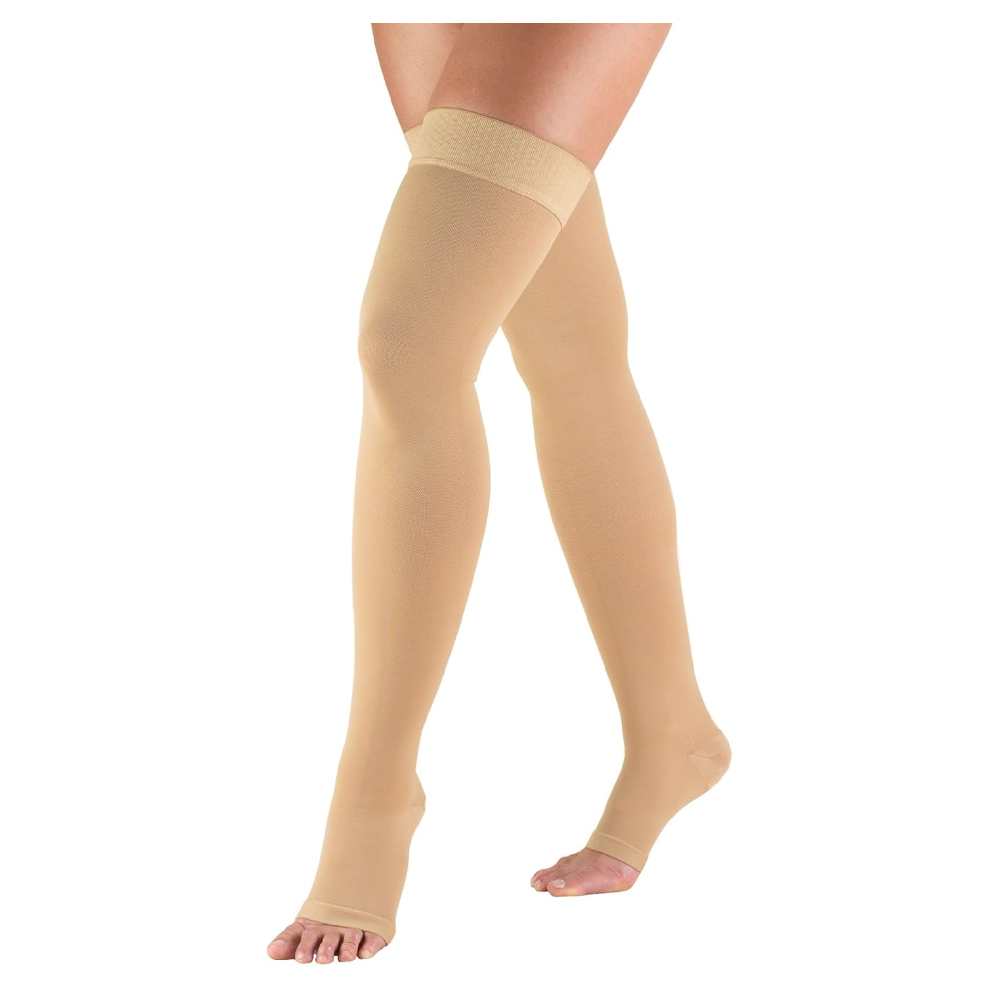 Truform, Thigh-High Open Toe Stockings, 20-30 mmHg Firm Compression with Dot Top Band, Small, Beige