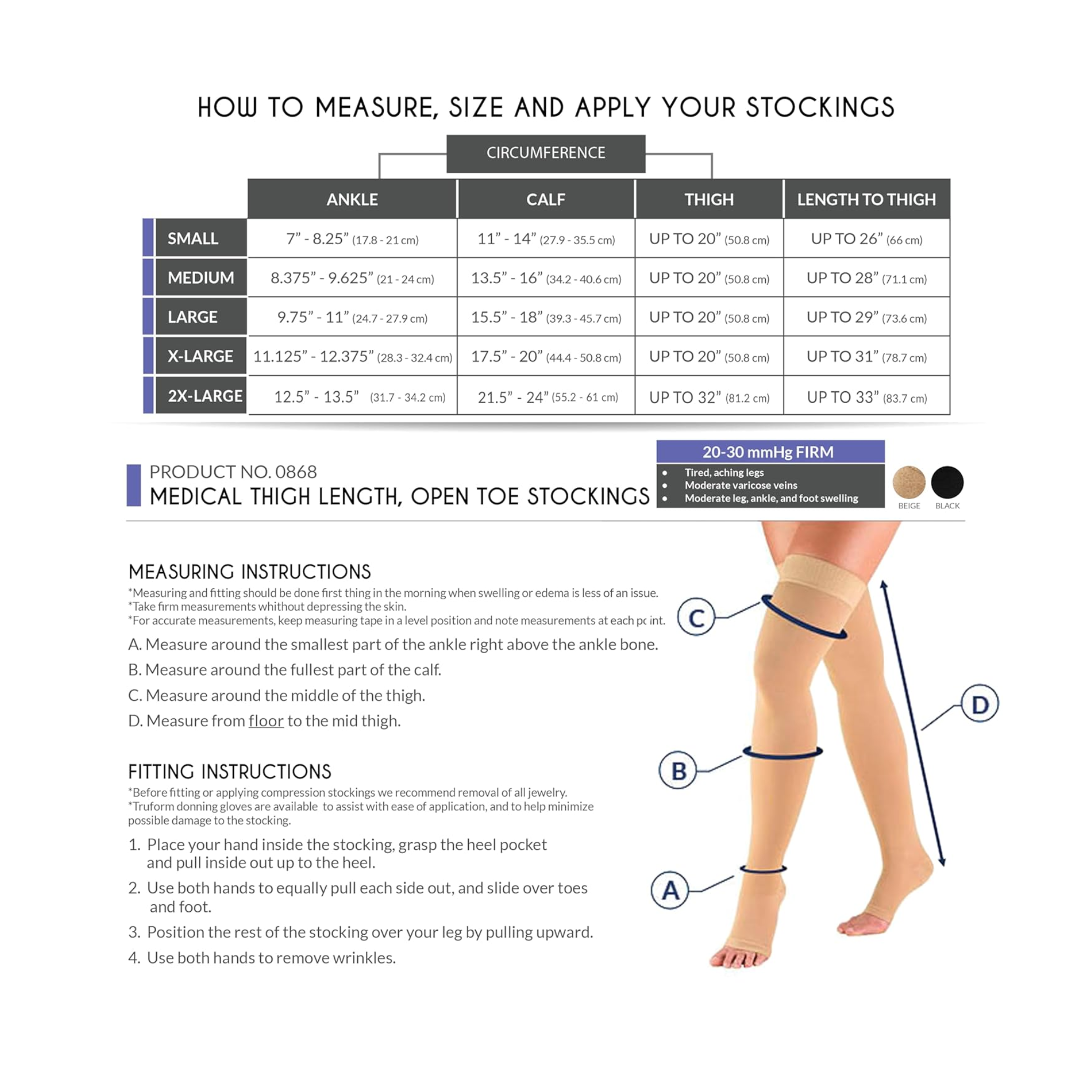 Truform, Thigh-High Open Toe Stockings, 20-30 mmHg Firm Compression with Dot Top Band, Small, Beige