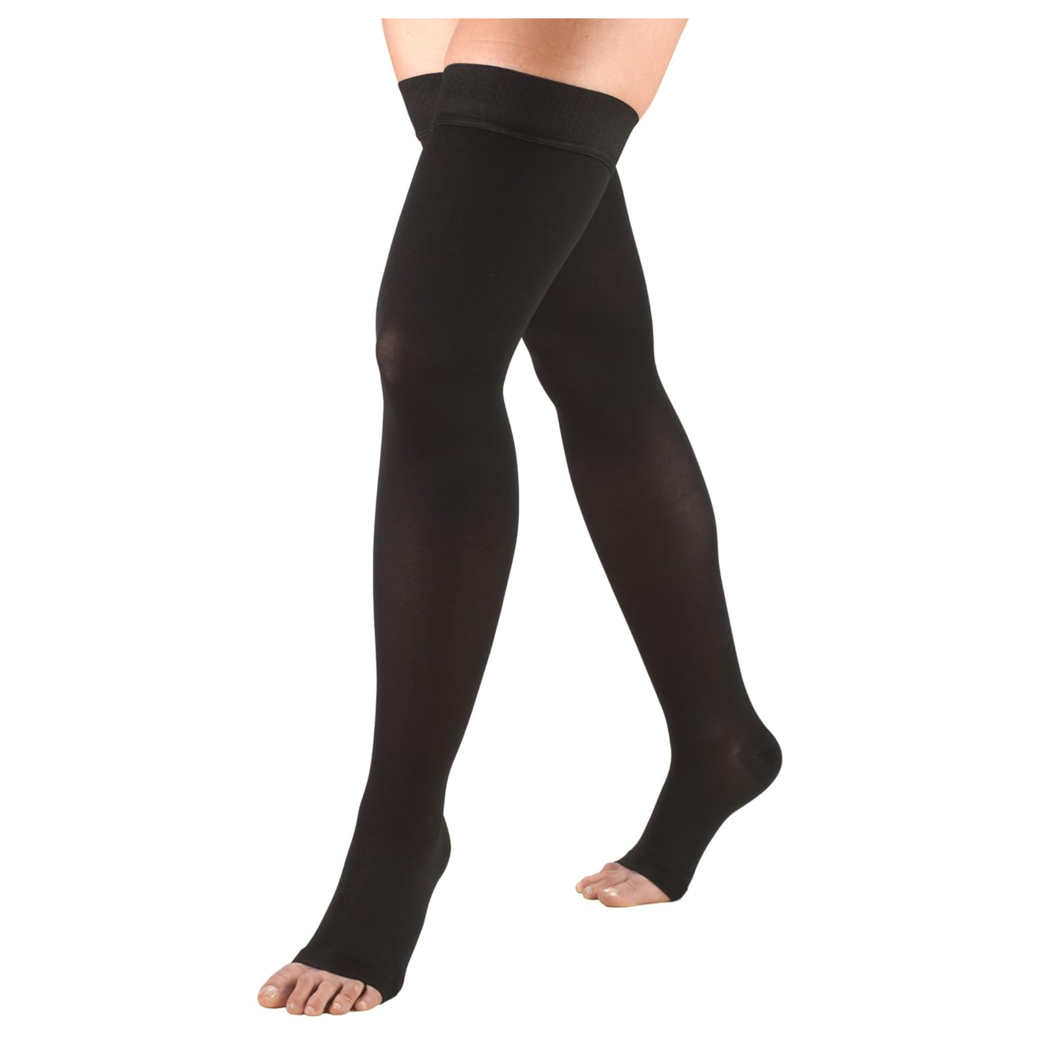 Truform, Thigh-High Open Toe Stockings, 20-30 mmHg Firm Compression with Dot Top Band, Extra Large, Black