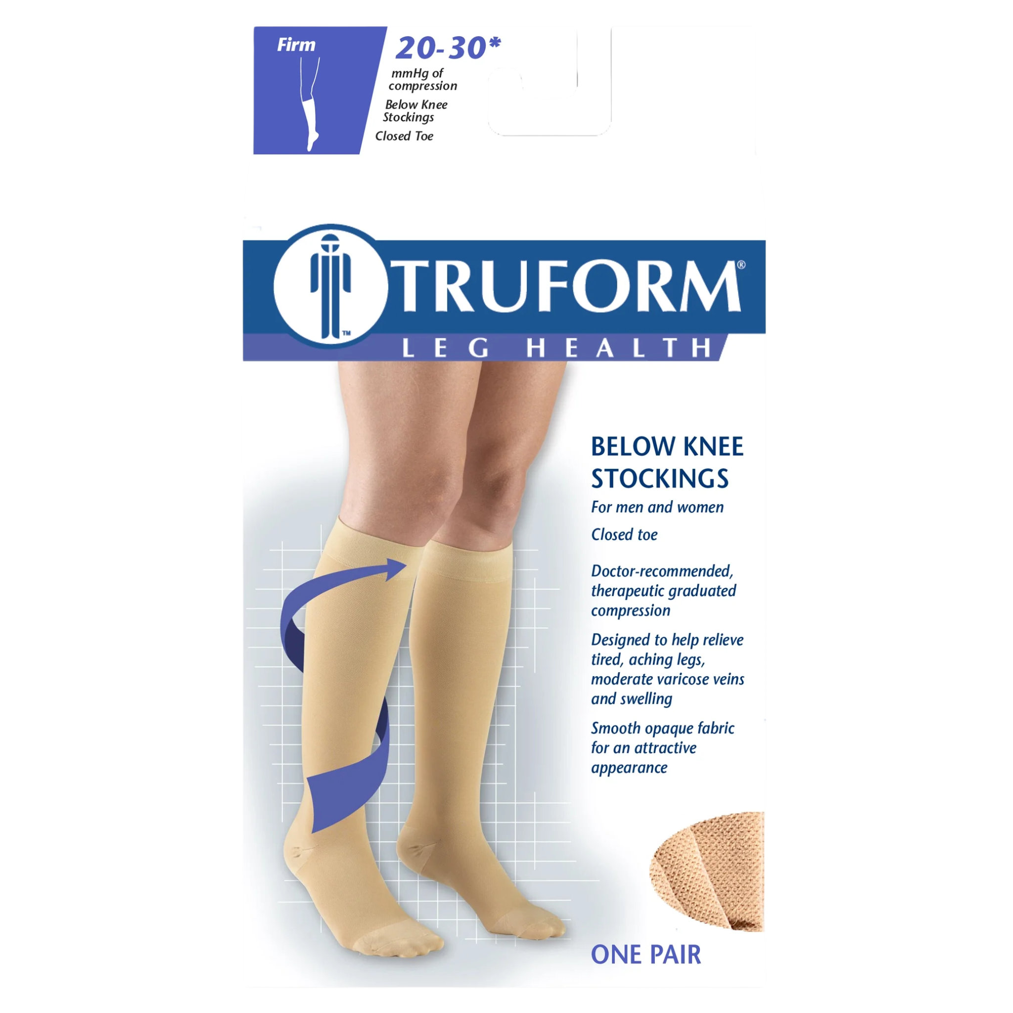 Truform, Unisex Knee-High Compression Stockings, Closed Toe, 20-30 mmHg, Beige, Small