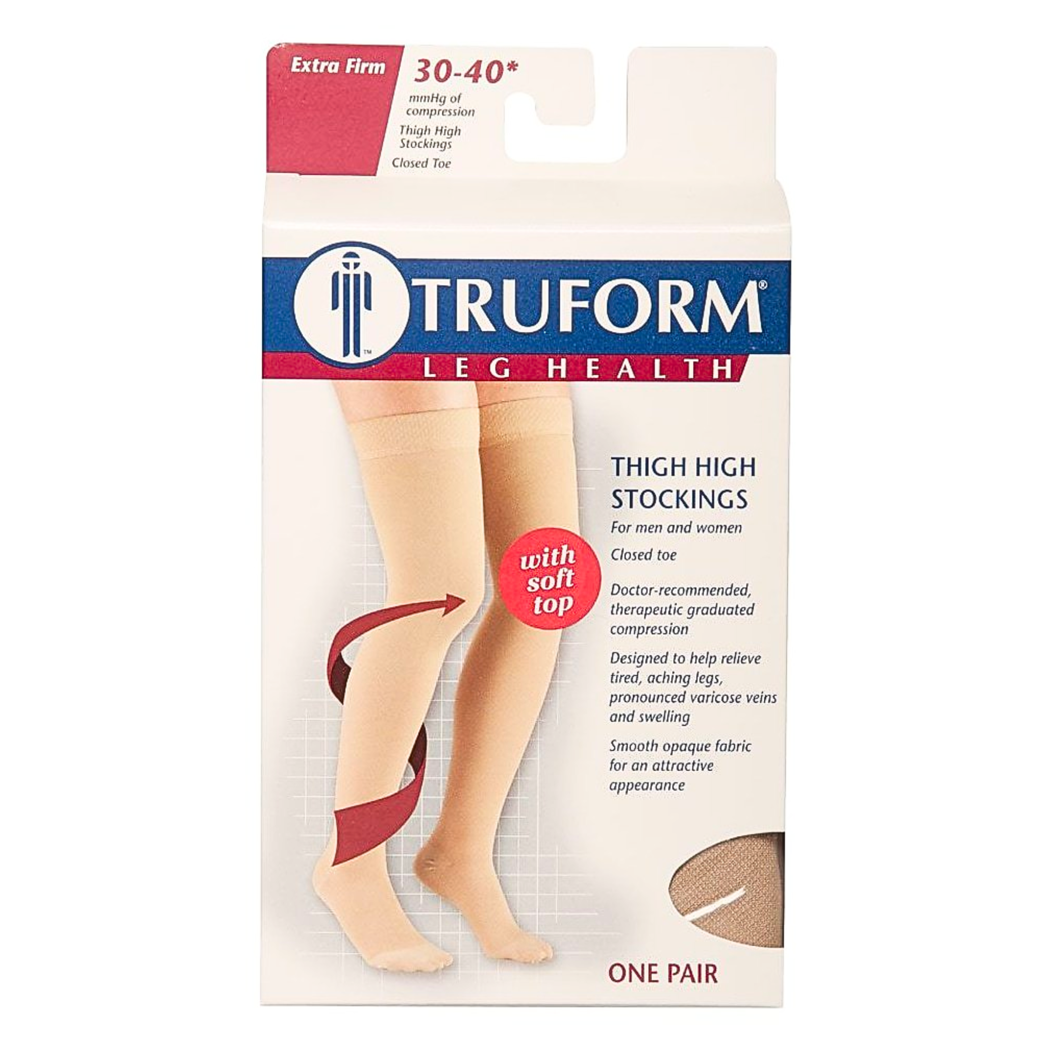 Truform, Unisex Thigh High Compression Stockings, Soft Top, Comfortable & Supportive Fit, Extra Large, Beige, 30-40 mmHg